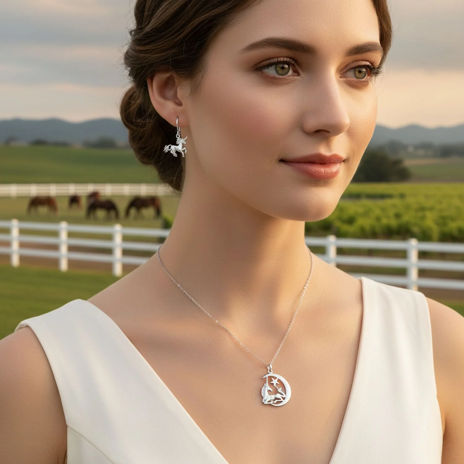 Pegasus Unicorn Crescent Moon Necklace & Dangle Earrings Set Sterling Silver - Image 2