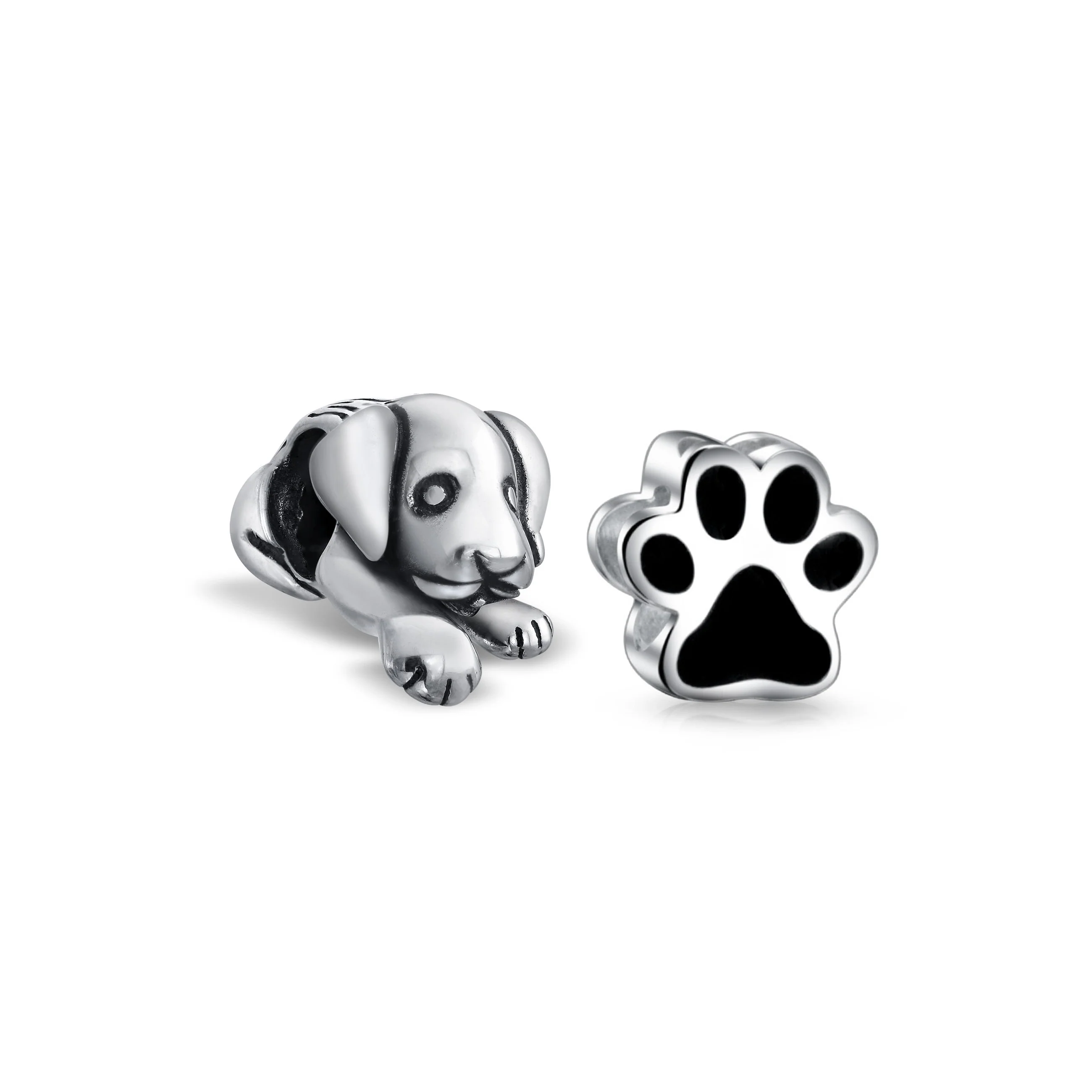 Set of 2 Sleepy Puppy Dog & Black Shape Paw Print Pet Animal Lover Charm Bead