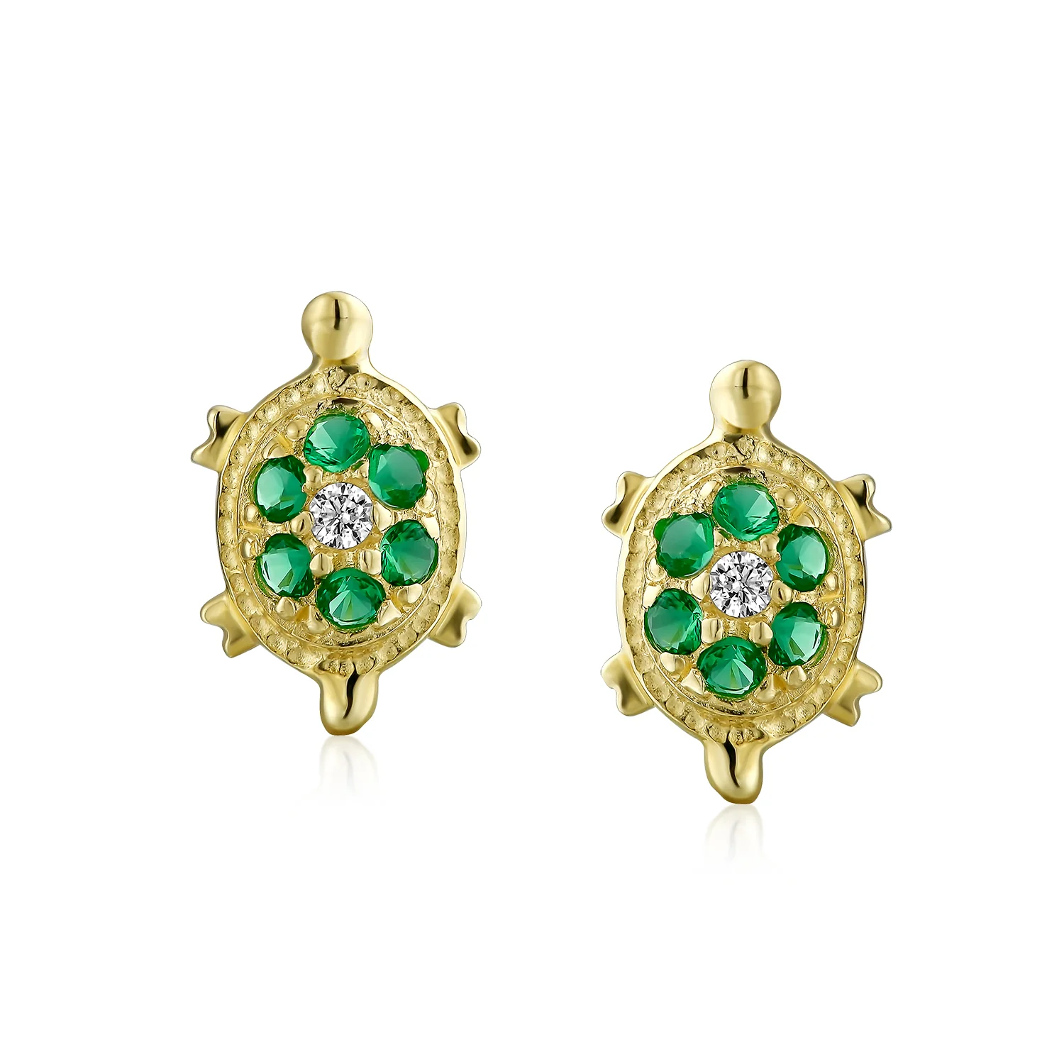 Petite Nautical Pave CZ Green Tortoise 14K Gold Stud Earrings with Secure Back - Image 2