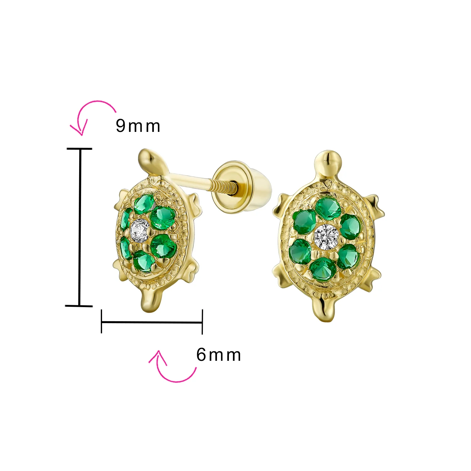 Petite Nautical Pave CZ Green Tortoise 14K Gold Stud Earrings with Secure Back - Image 4