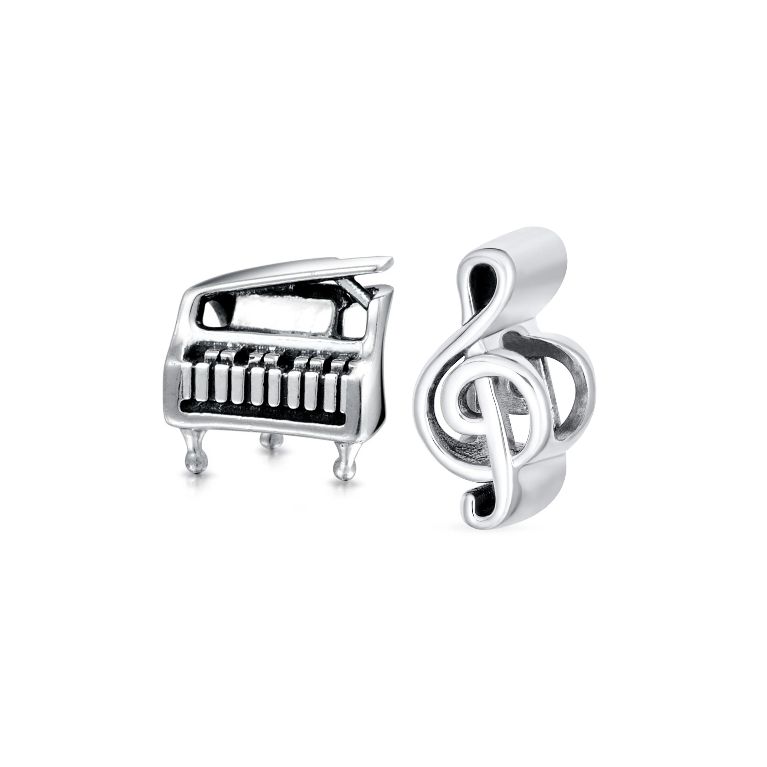 Set of 2 Grand Piano & G Clef Musician Charm Bead Oxidized Sterling Silver