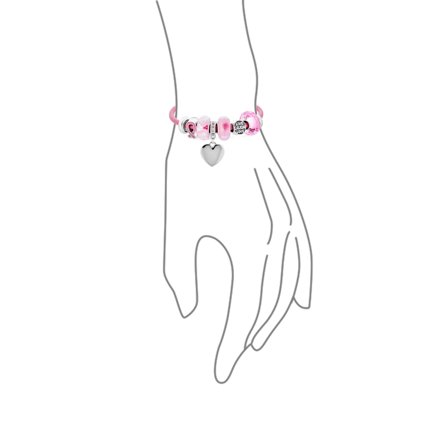 Breast Cancer Pink Ribbon Engraving Heart Charm Live Laugh Love Bead Charm Leather Bracelet Sterling Silver - Image 2