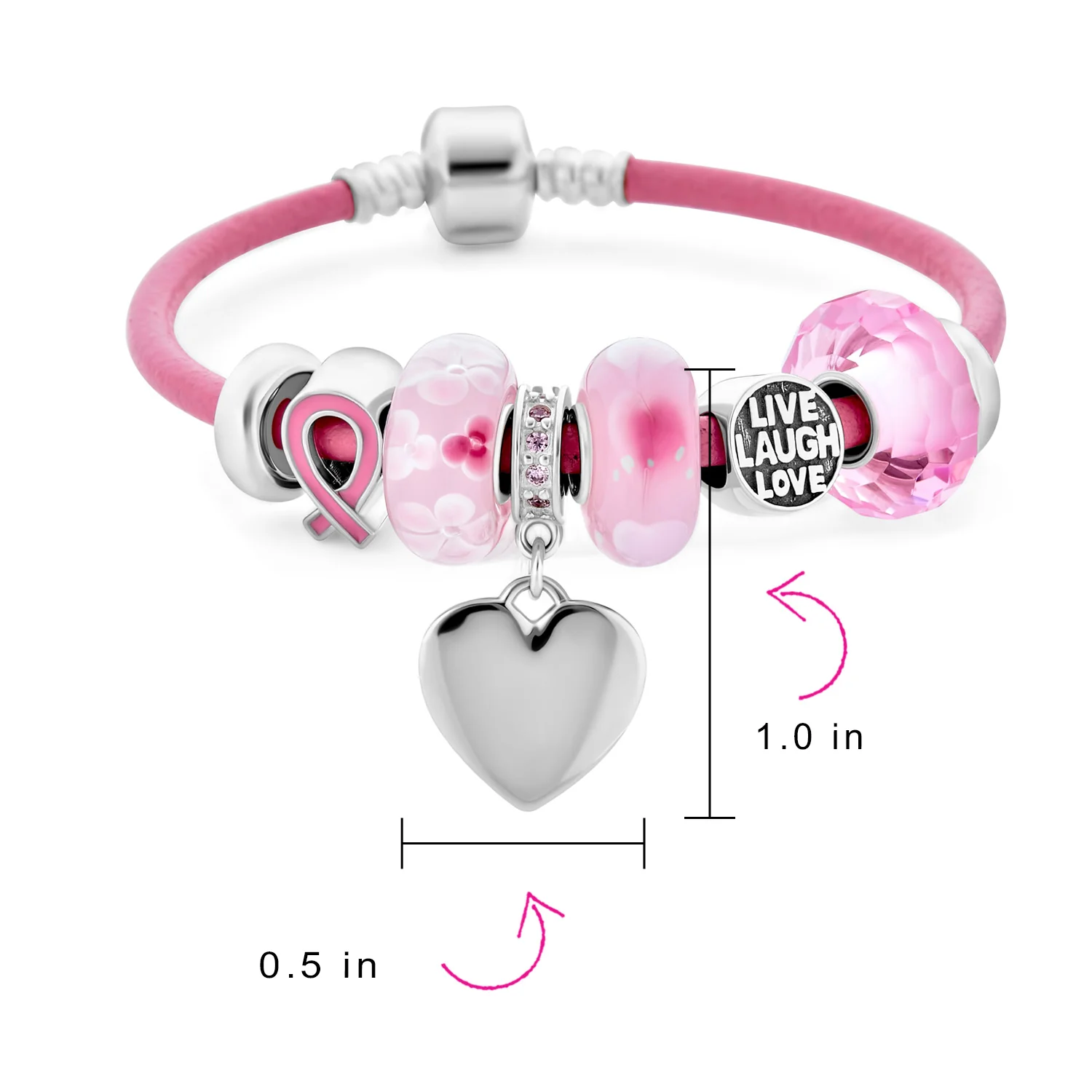 Breast Cancer Pink Ribbon Engraving Heart Charm Live Laugh Love Bead Charm Leather Bracelet Sterling Silver - Image 3