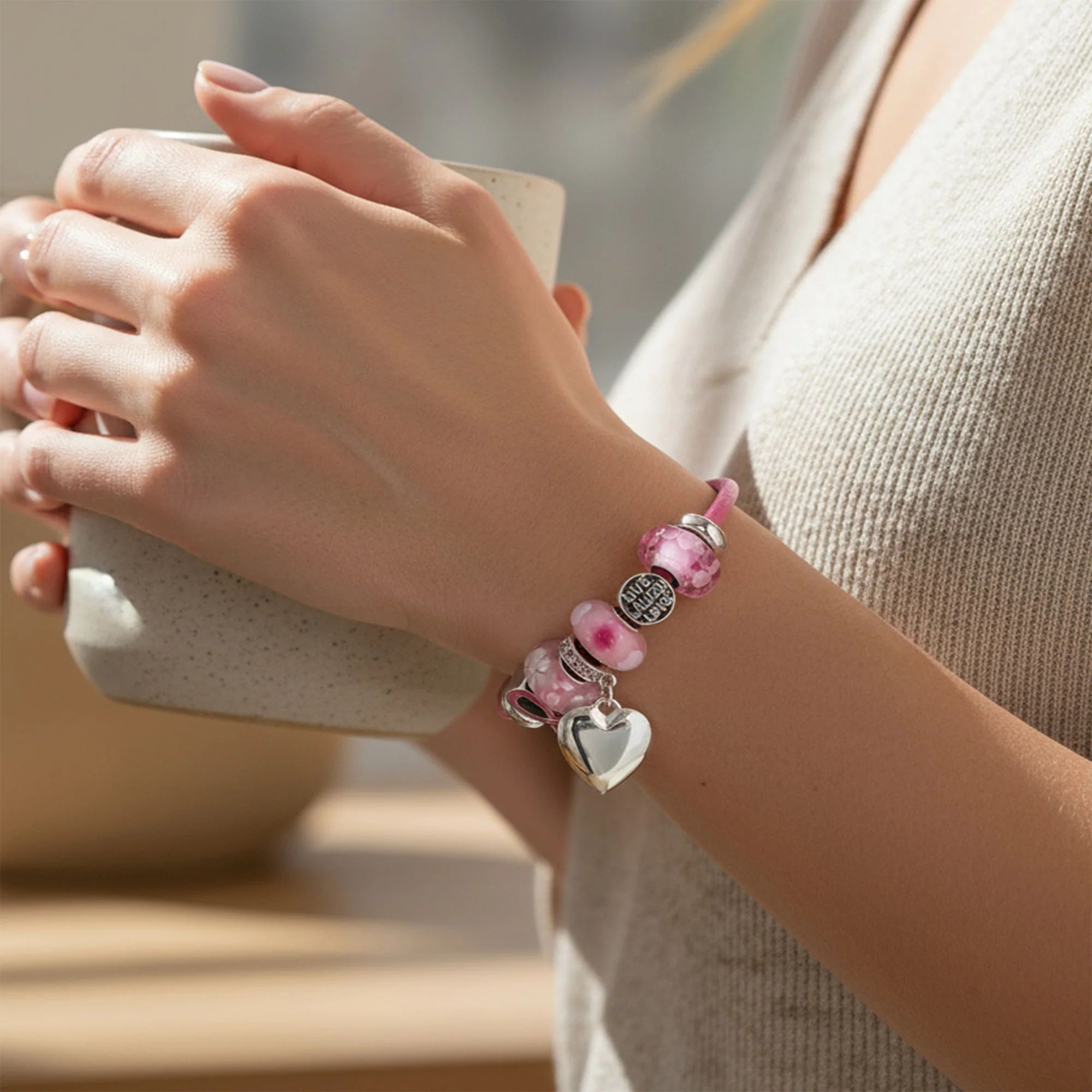 Breast Cancer Pink Ribbon Engraving Heart Charm Live Laugh Love Bead Charm Leather Bracelet Sterling Silver - Image 5