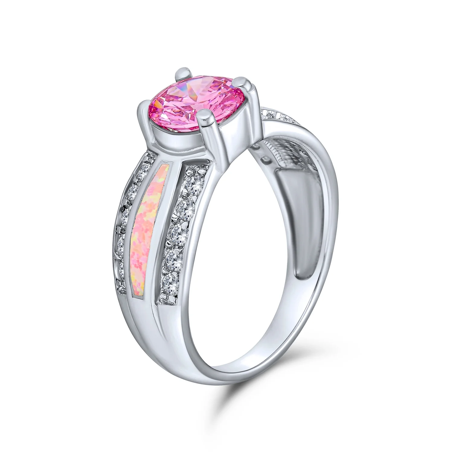 Unique Pink AAA CZ Round Solitaire Engagement Ring with Opal Inlay Band - Image 2