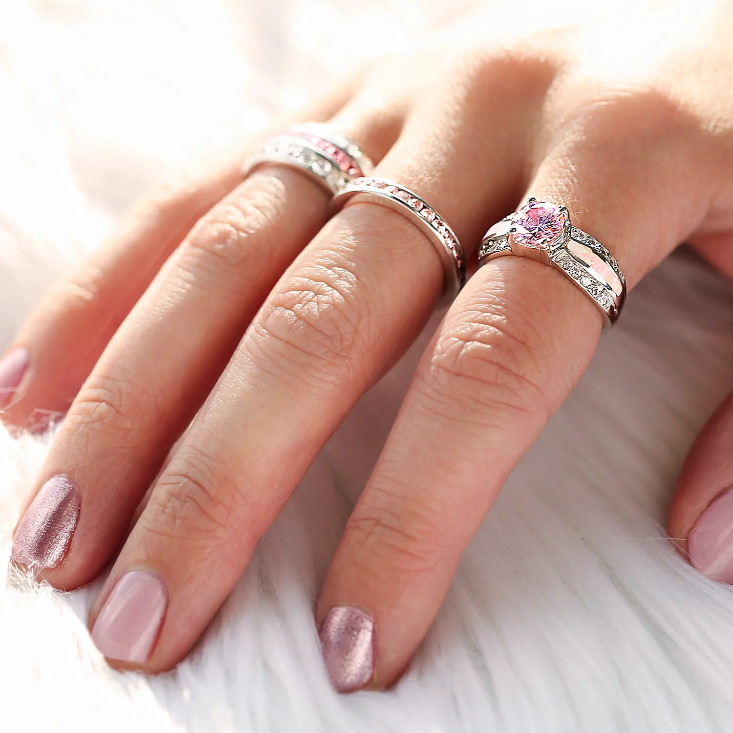 Unique Pink AAA CZ Round Solitaire Engagement Ring with Opal Inlay Band - Image 6