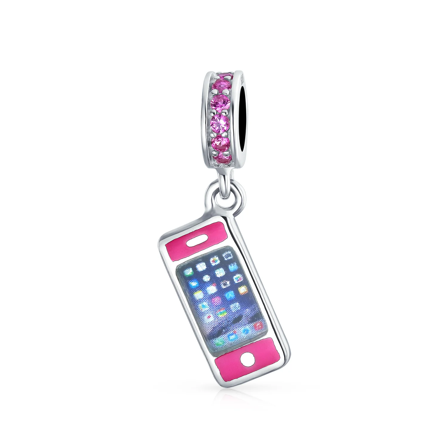 Pink Cell Mobile Smart Phone Dangle Charm Bead Enamel .925 Sterling Silver Fits Bracelet