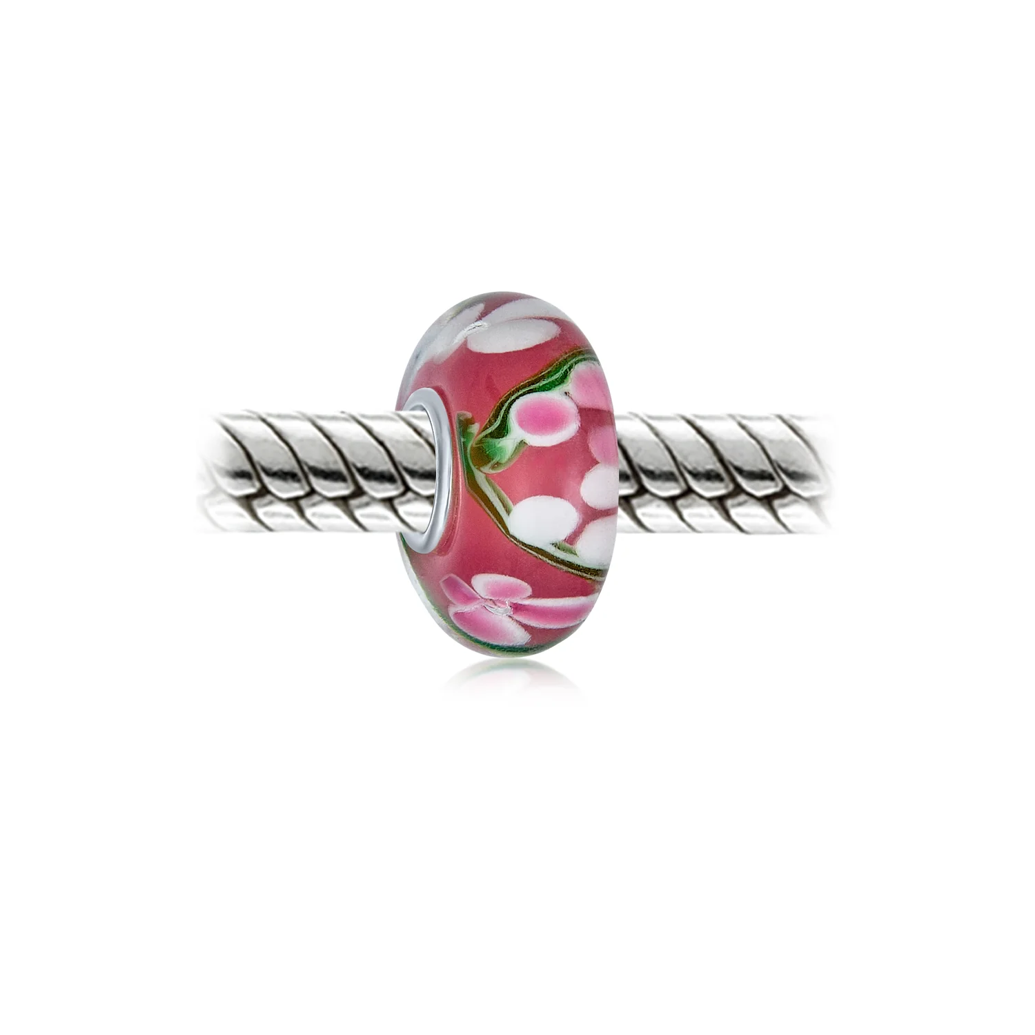 Set of 4 Pink Red Floral Hibiscus Glass Charm Bead for European Bracelets with Sterling Silver Core - Image 3