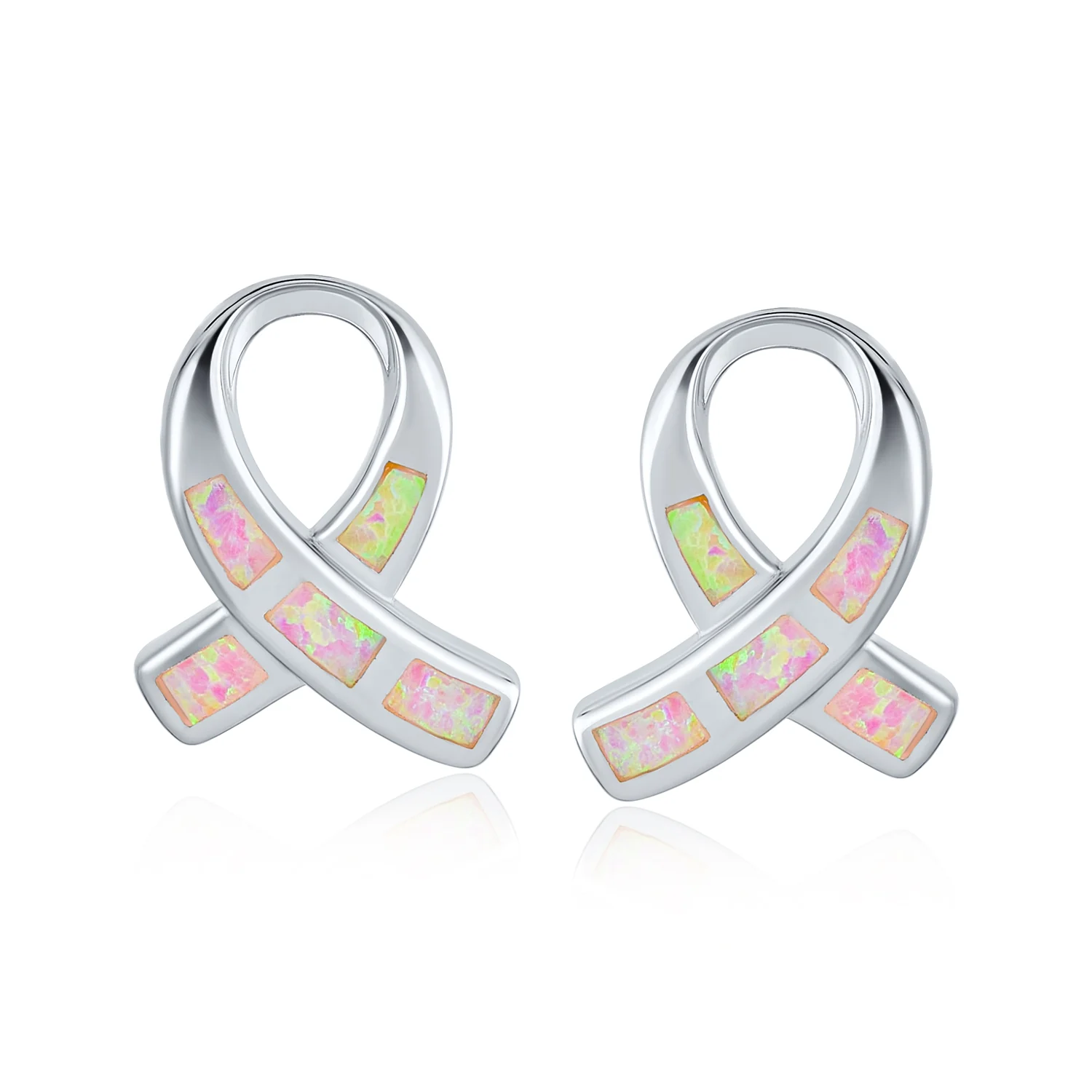 Pink Opal Ribbon Breast Cancer Awareness Stud Earrings Sterling Silver 8MM - Image 2