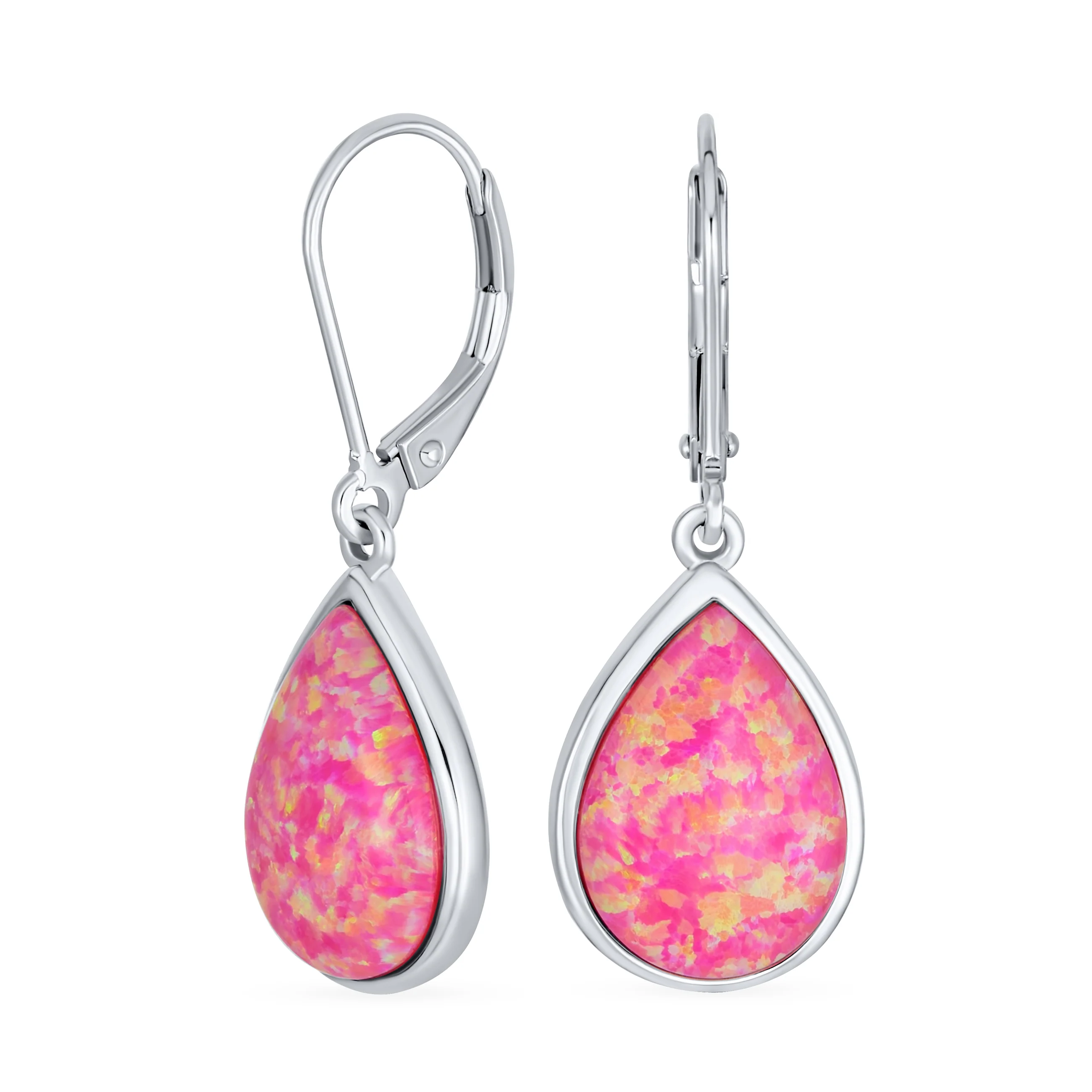 Pink Created Opal Teardrop Dangle Earrings in Sterling Silver Leverback