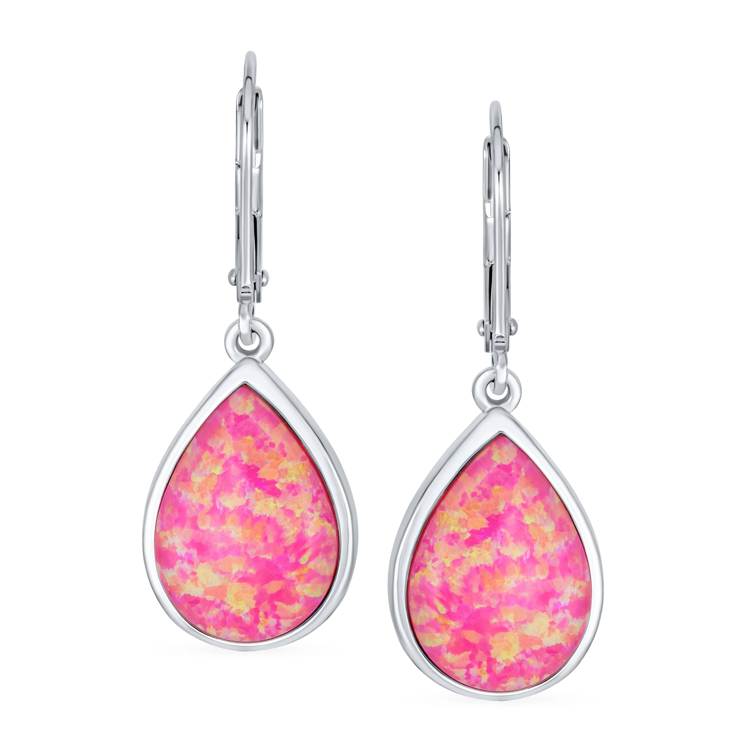 Pink Created Opal Teardrop Dangle Earrings in Sterling Silver Leverback - Image 3