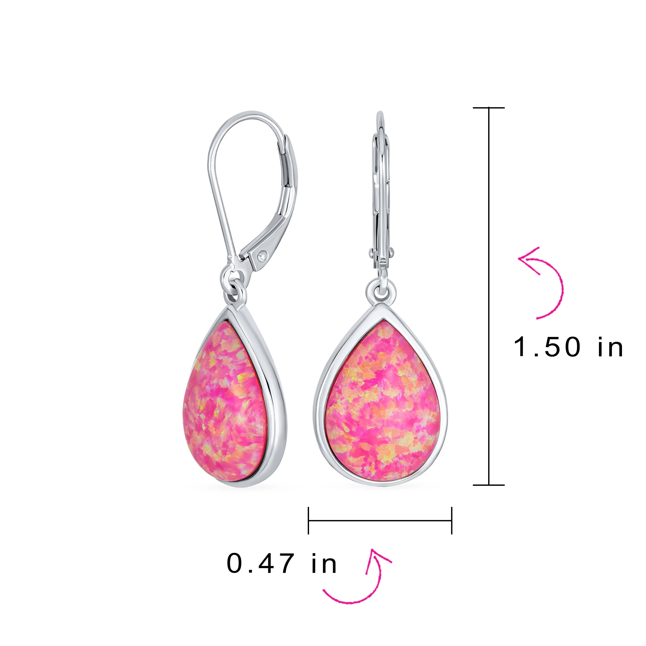 Pink Created Opal Teardrop Dangle Earrings in Sterling Silver Leverback - Image 7