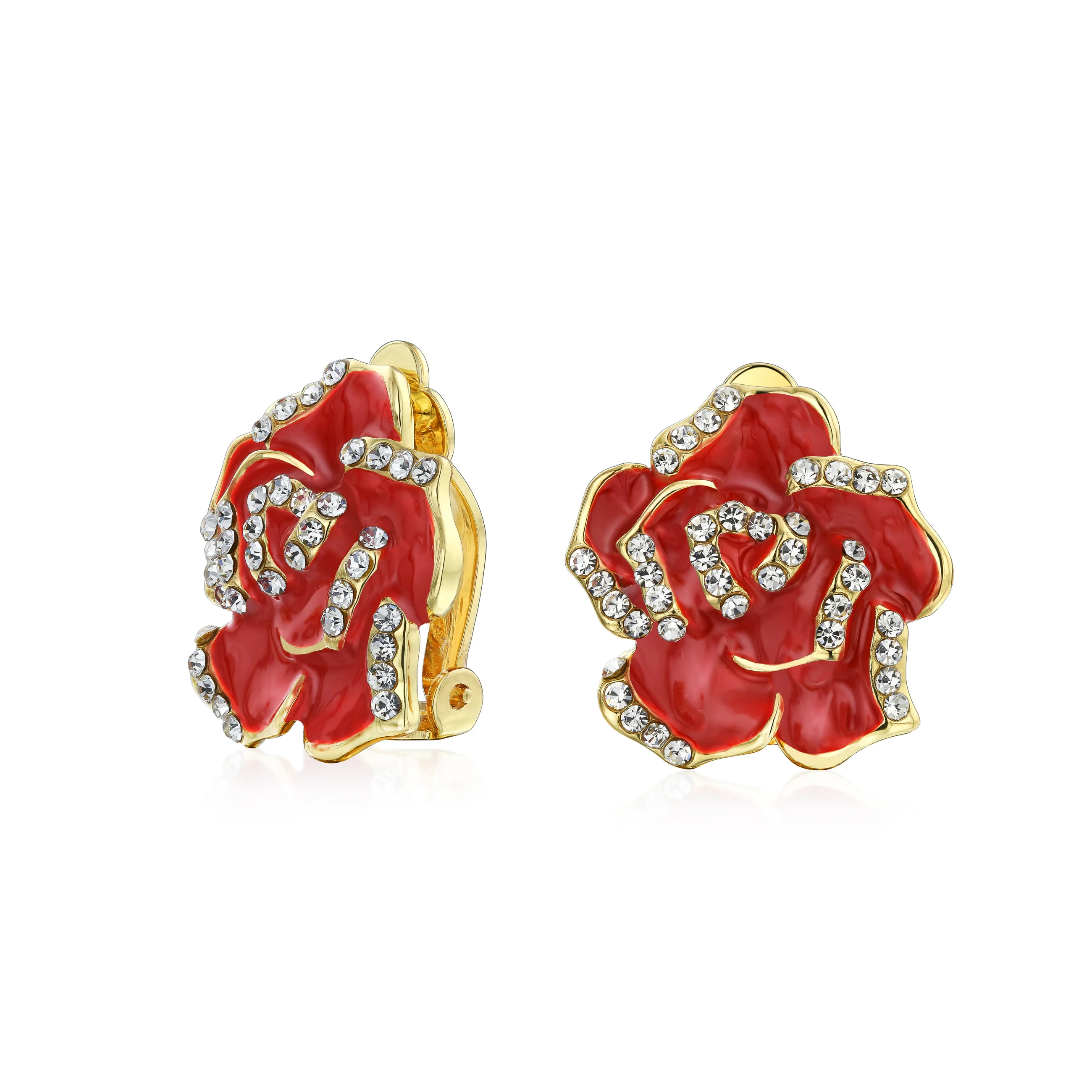 Pink Red Enamel Flower Crystal Edge Clip-On Earrings Gold Plated For Non-Pierced