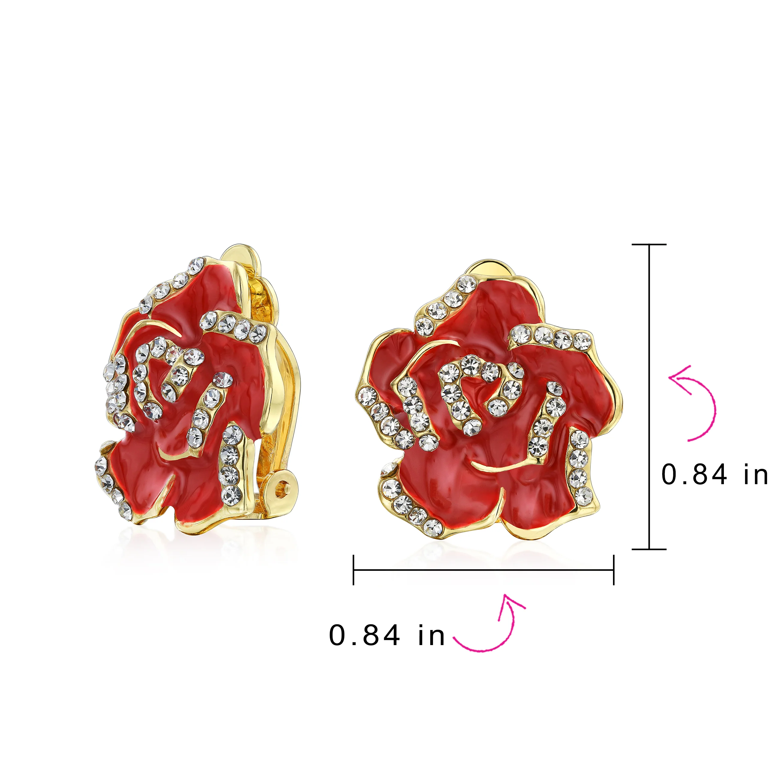 Pink Red Enamel Flower Crystal Edge Clip-On Earrings Gold Plated For Non-Pierced - Image 10