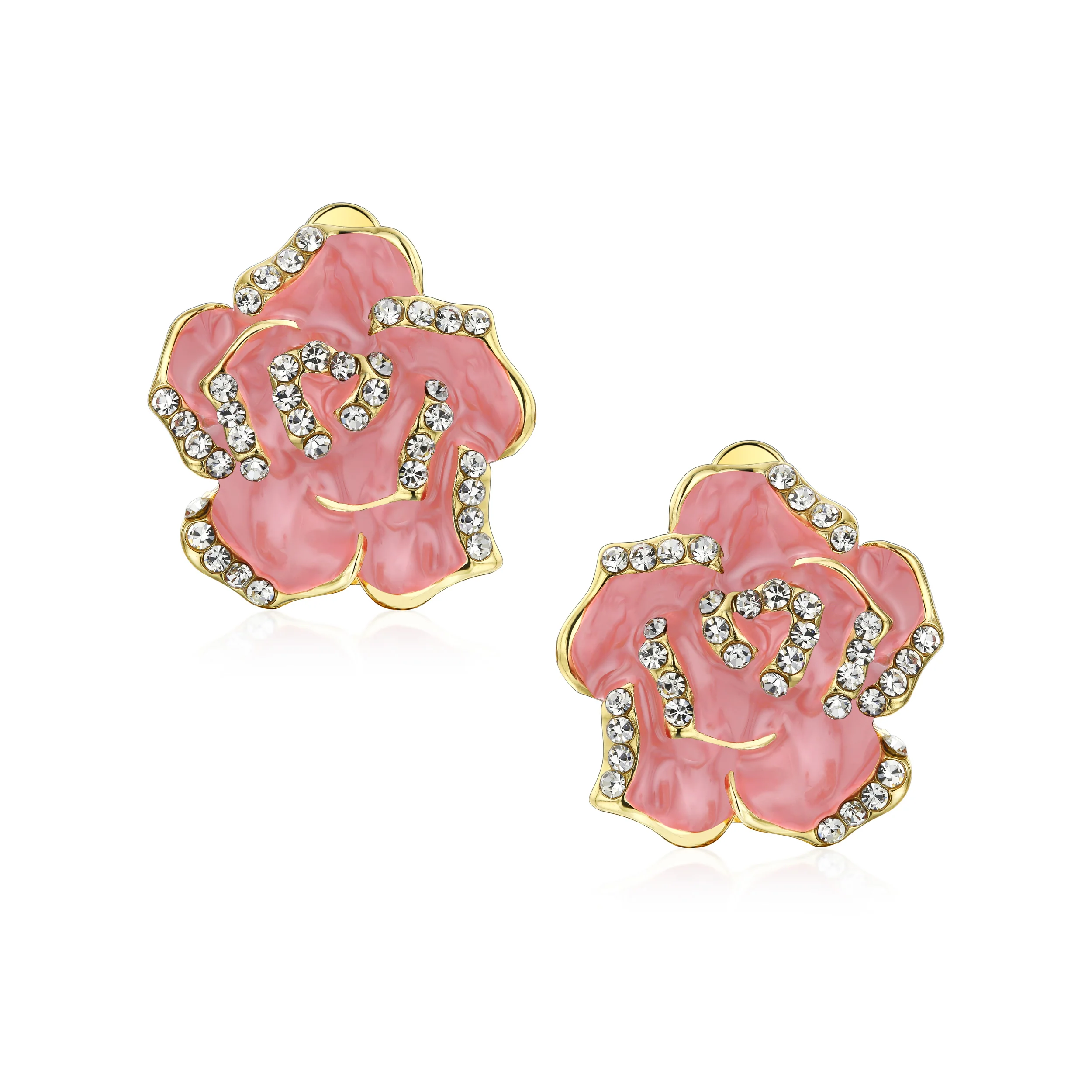 Pink Red Enamel Flower Crystal Edge Clip-On Earrings Gold Plated For Non-Pierced - Image 5