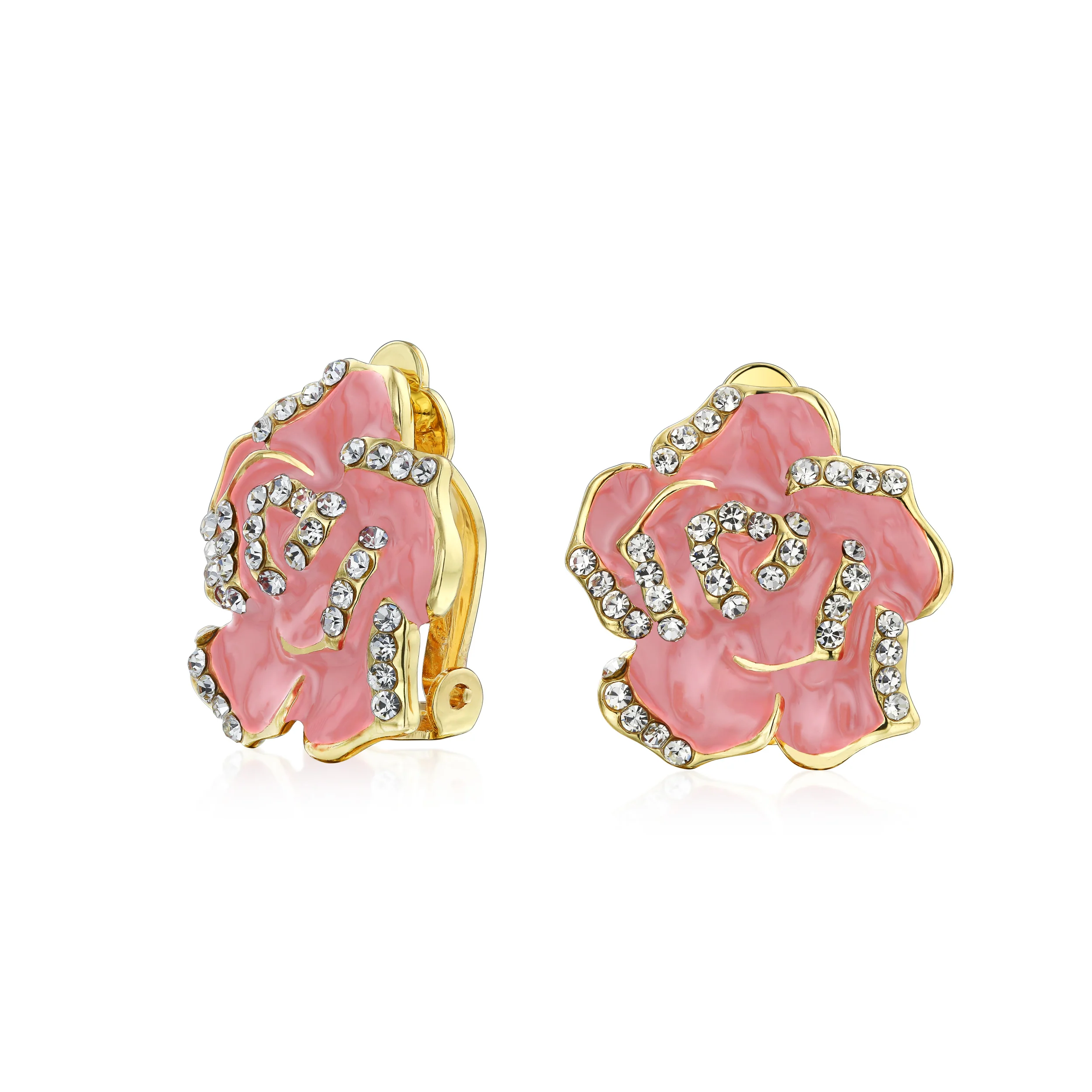 Pink Red Enamel Flower Crystal Edge Clip-On Earrings Gold Plated For Non-Pierced - Image 6