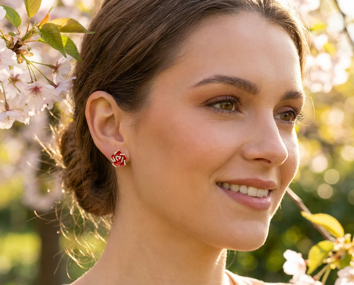 Pink Red Enamel Flower Crystal Edge Clip-On Earrings Gold Plated For Non-Pierced - Image 7
