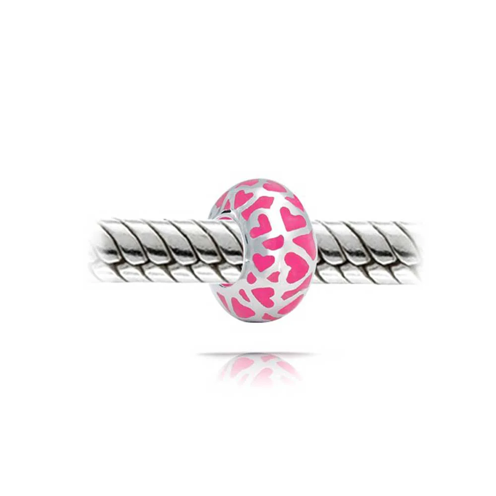 Set of 2 Sterling Silver Pink Heart Murano Glass Charm Bead for European Bracelets - Image 2