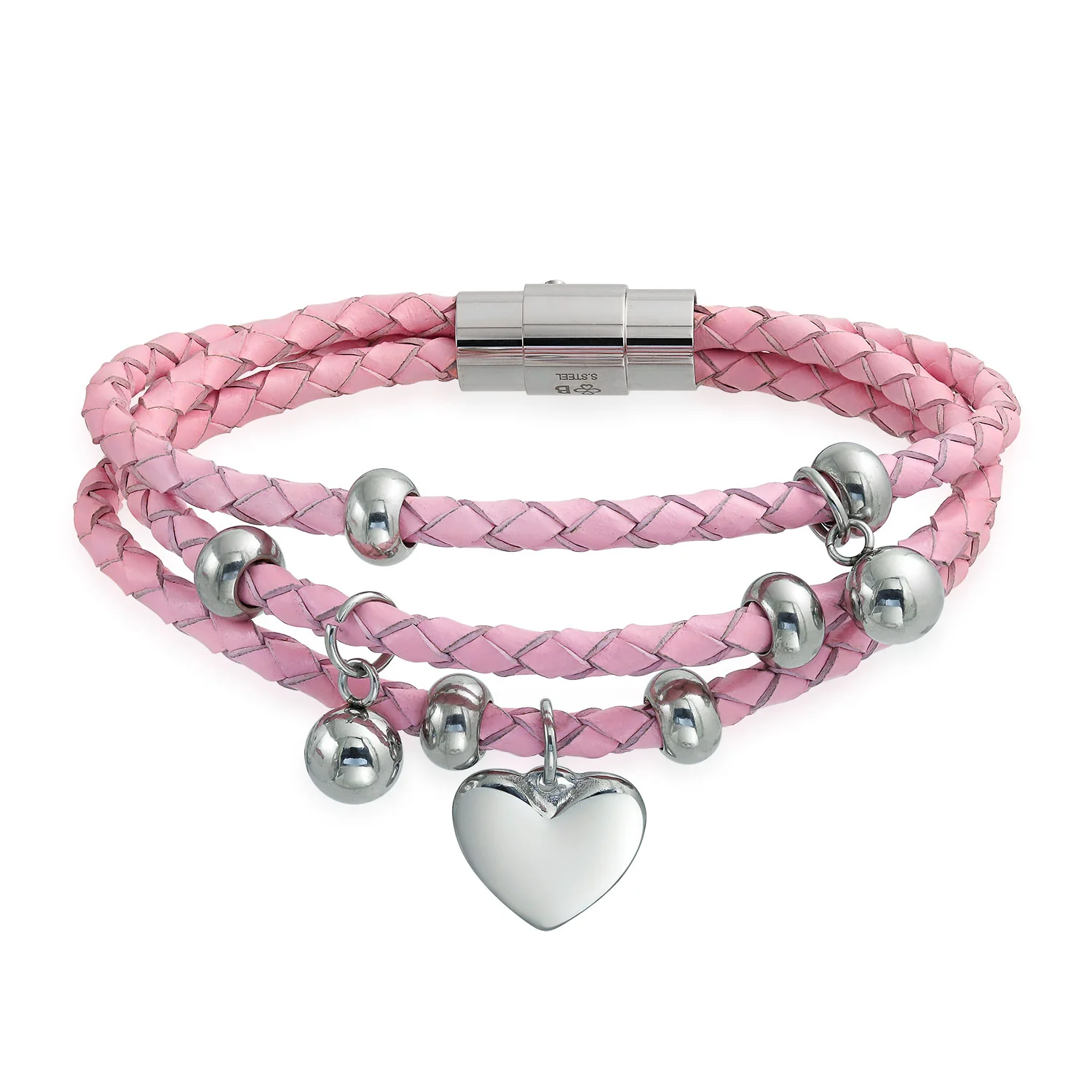 Romantic Pink Braided Leather Multi Wrap Heart Charm Charms Bracelet Stainless Steel