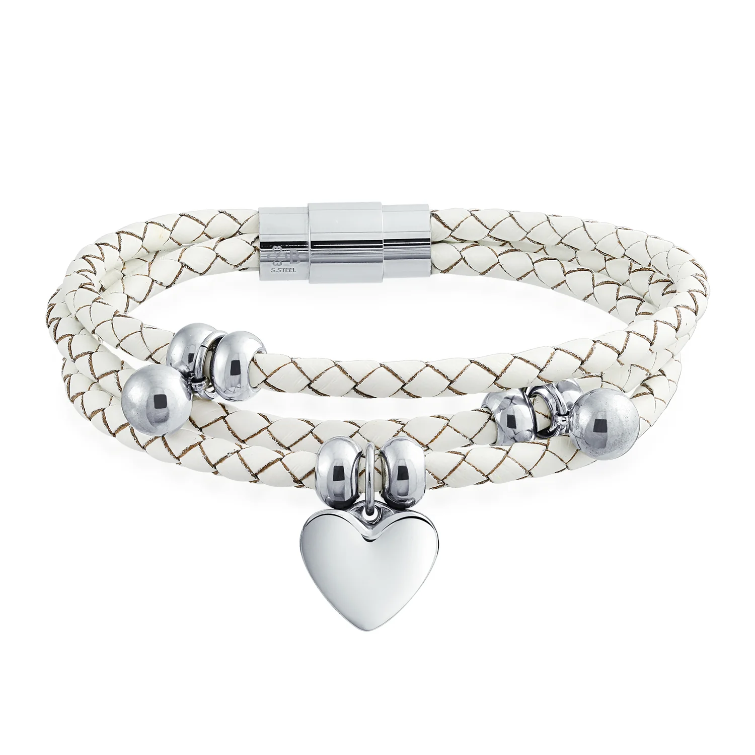 Romantic Pink Braided Leather Multi Wrap Heart Charm Charms Bracelet Stainless Steel - Image 2