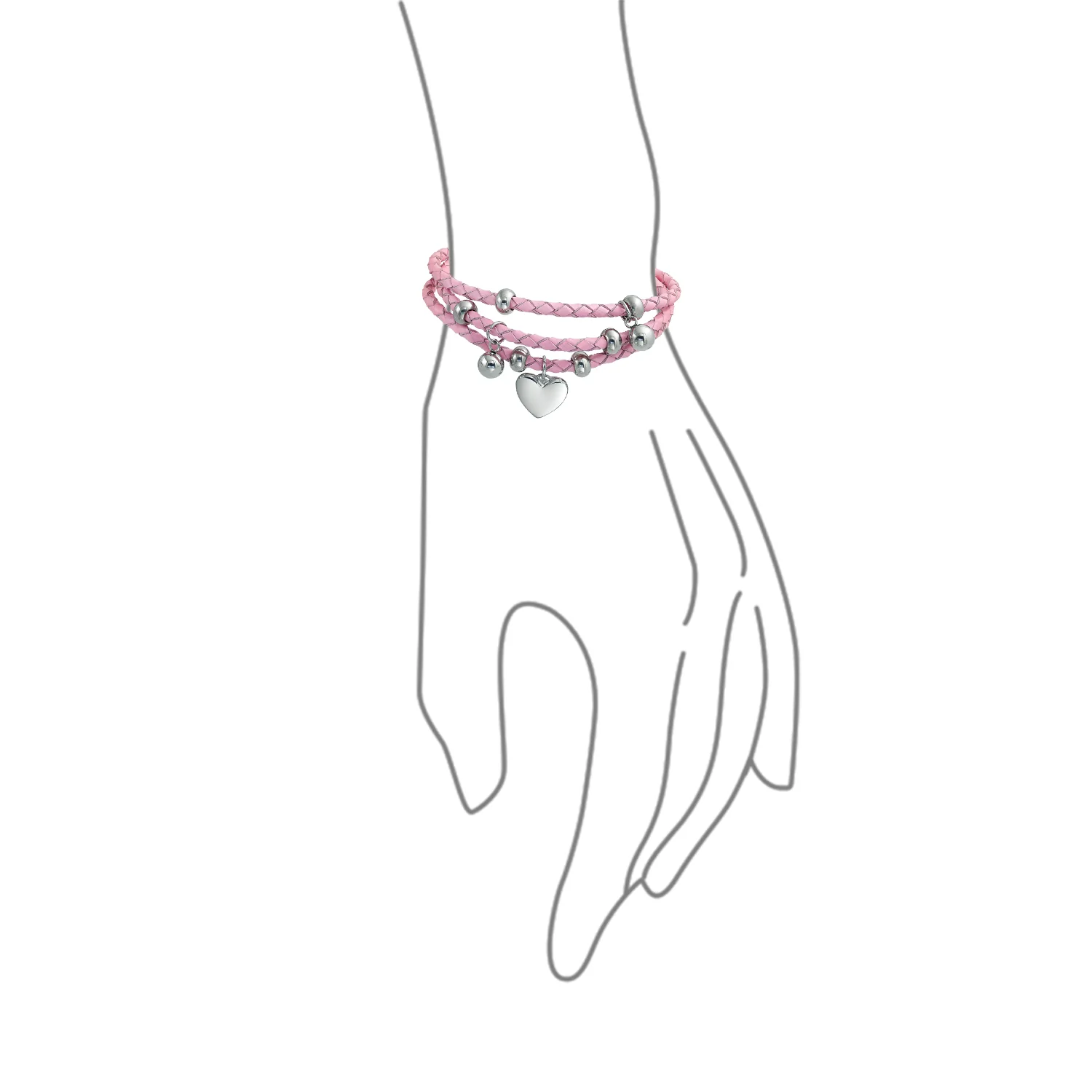 Romantic Pink Braided Leather Multi Wrap Heart Charm Charms Bracelet Stainless Steel - Image 3