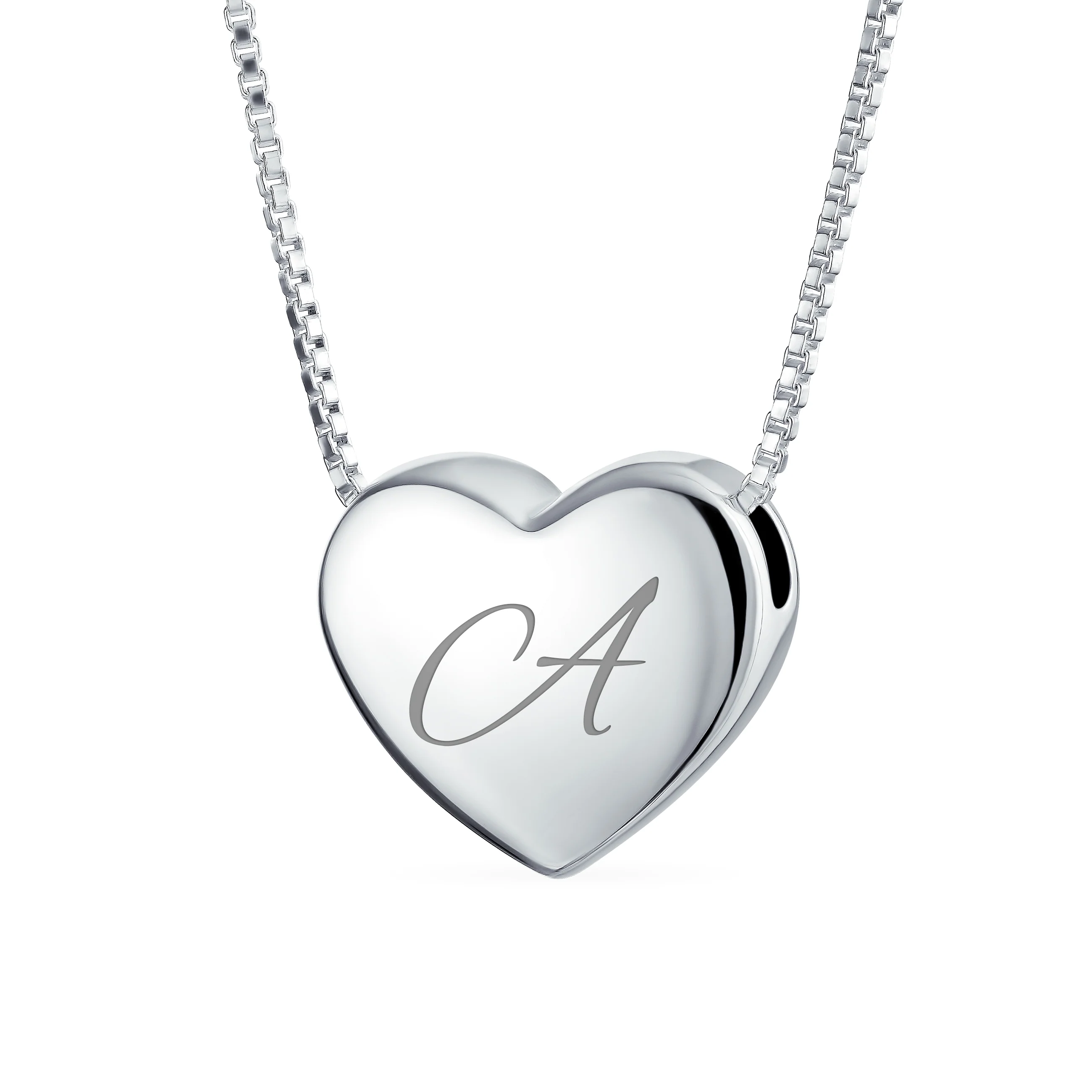 Plain Simple Script Alphabet A-Z Monogram Heart Pendant Necklace Sterling Silver