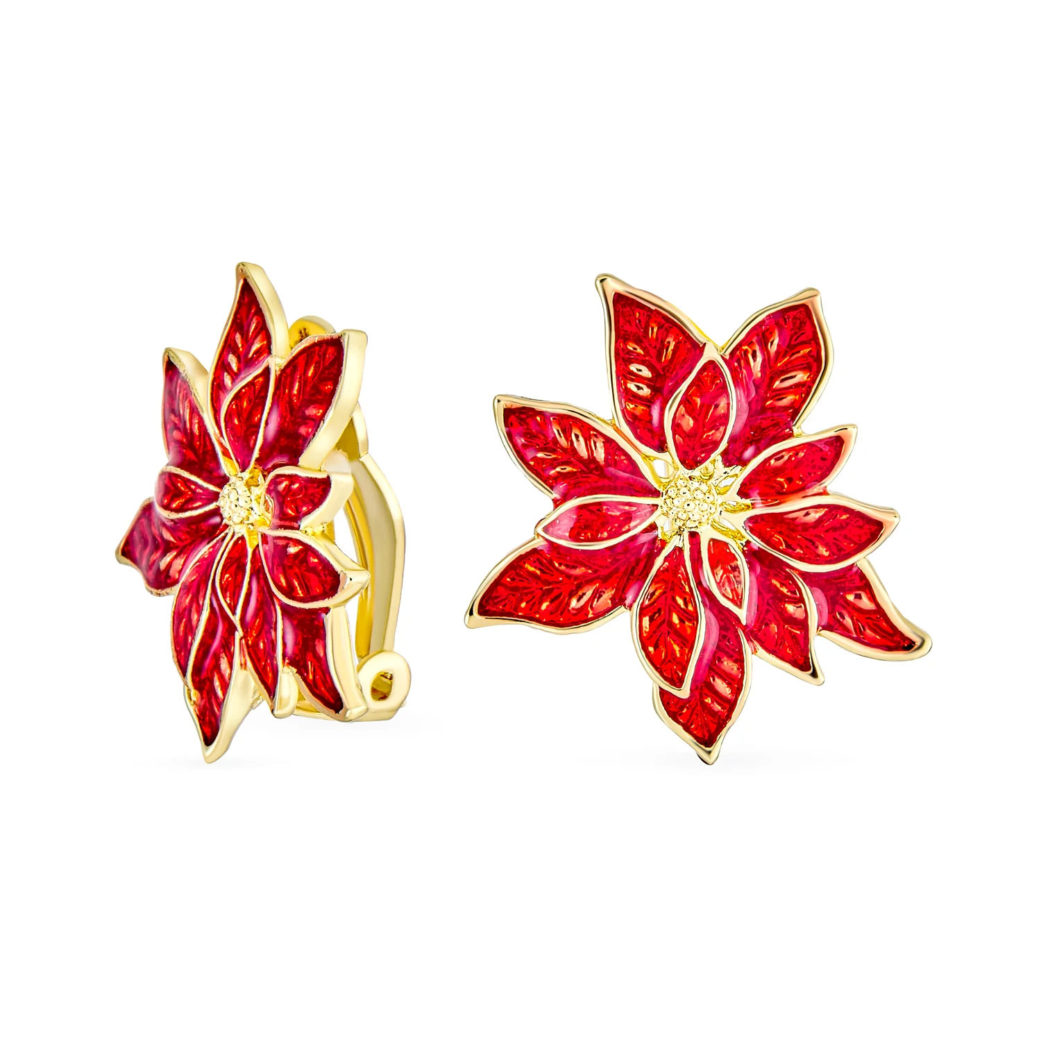 Large Statement Poinsettia Brooch Clip-On Earrings Set Red Enamel Gold Plated