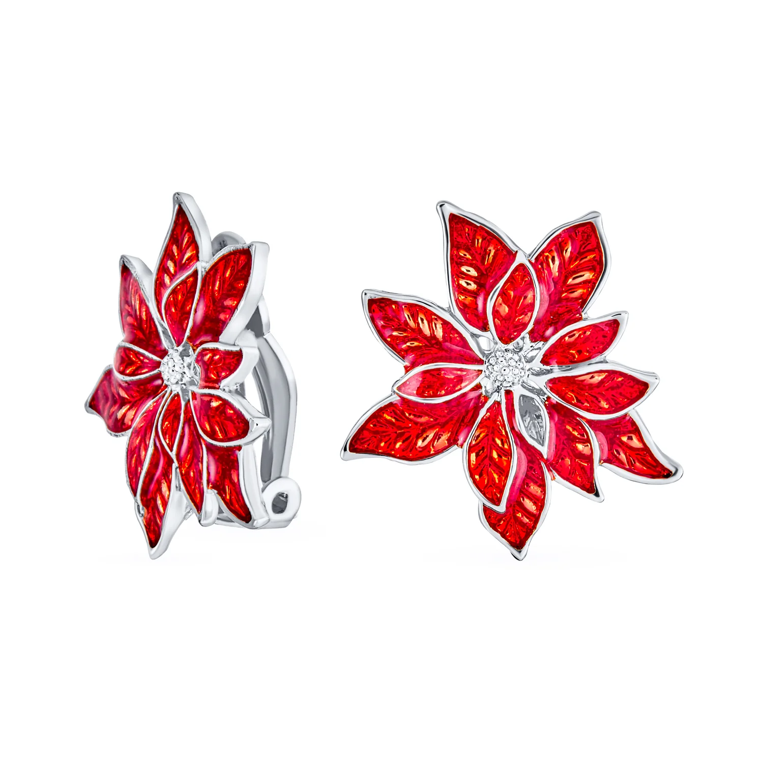 Large Statement Poinsettia Brooch Clip-On Earrings Set Red Enamel Gold Plated - Image 3
