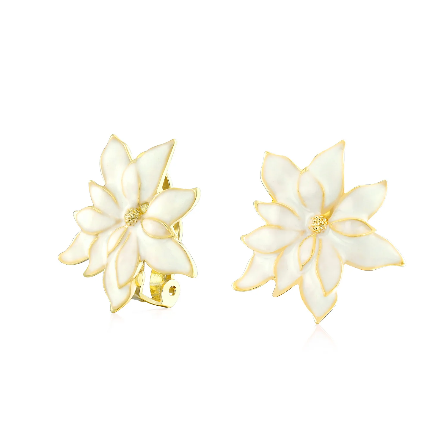 Large Statement Poinsettia Brooch Clip-On Earrings Set Red Enamel Gold Plated - Image 4