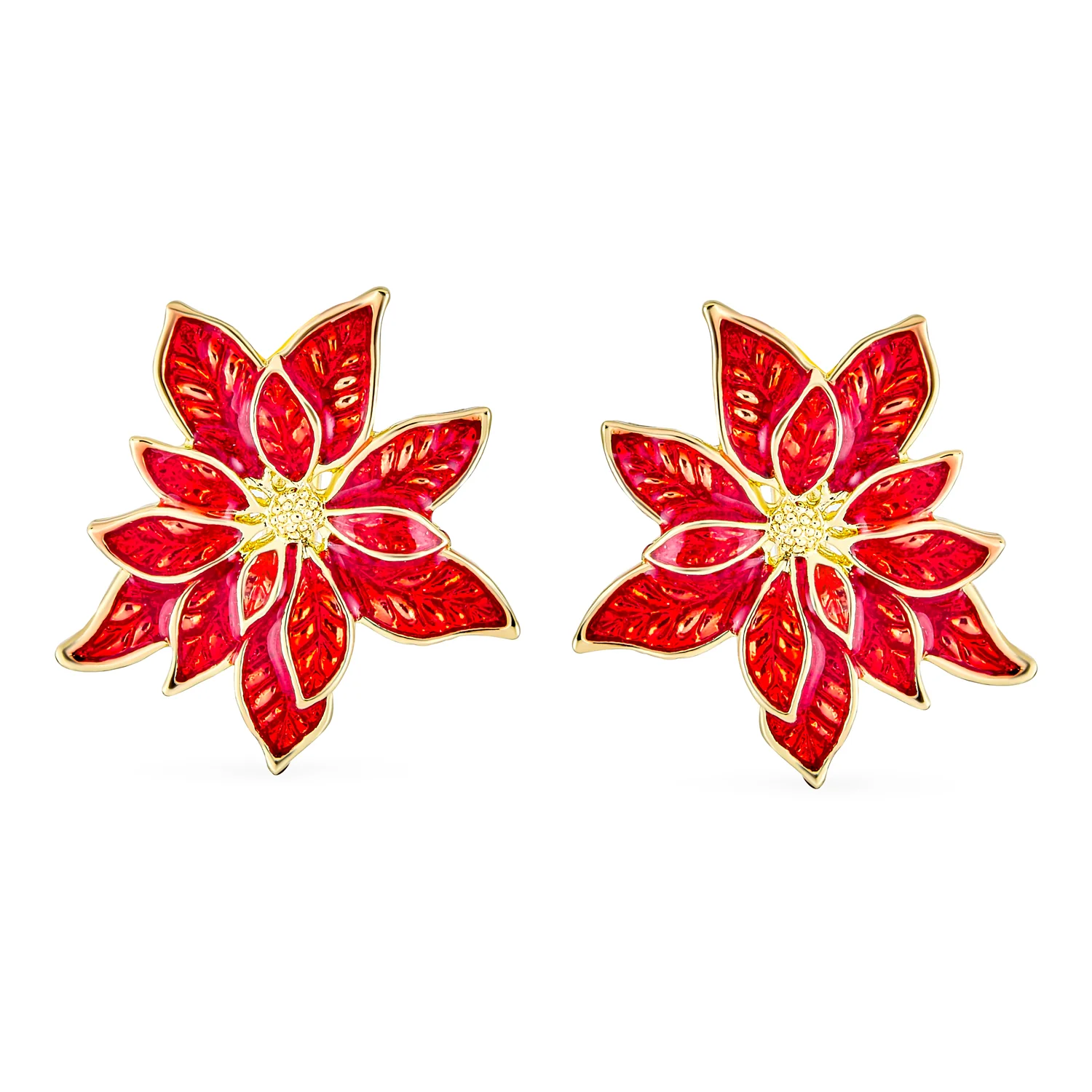 Large Statement Poinsettia Brooch Clip-On Earrings Set Red Enamel Gold Plated - Image 6