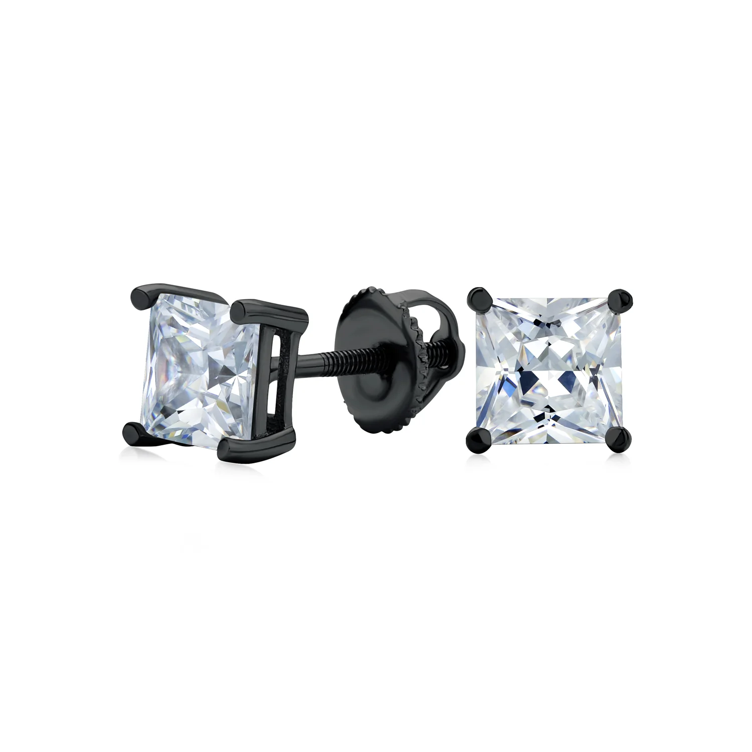 Clear Square Princess Cut Cubic Zirconia Solitaire Stud Earrings CZ Secure Screw Back Black Gold Plated .925 Sterling Silver - Image 2