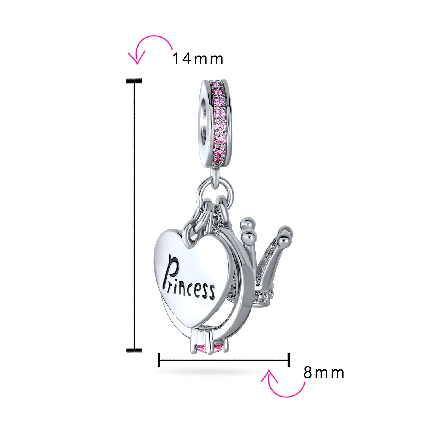 Princess Heart Crown Ring Pink Crystal Dangle Charm Bead for European Bracelet - Image 4
