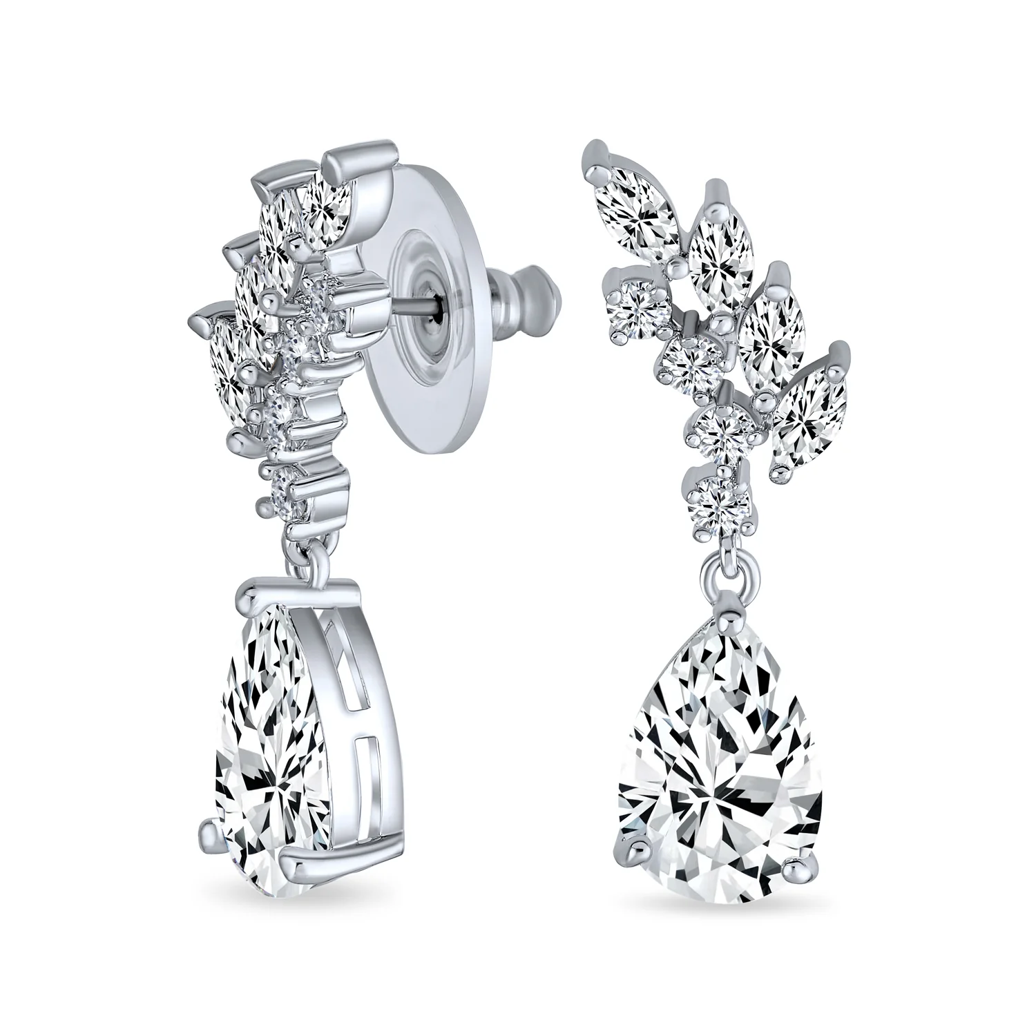 Cubic Zirconia Leaf Motif CZ Teardrop Dangle Chandelier Earrings Silver Plated