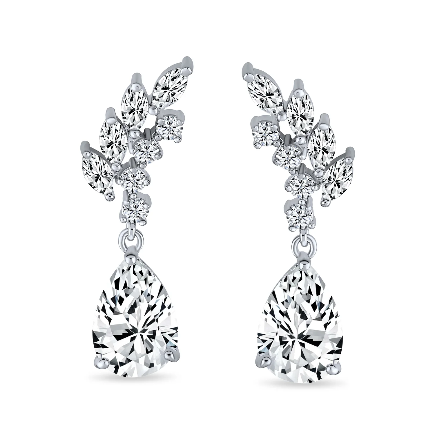 Cubic Zirconia Leaf Motif CZ Teardrop Dangle Chandelier Earrings Silver Plated - Image 2