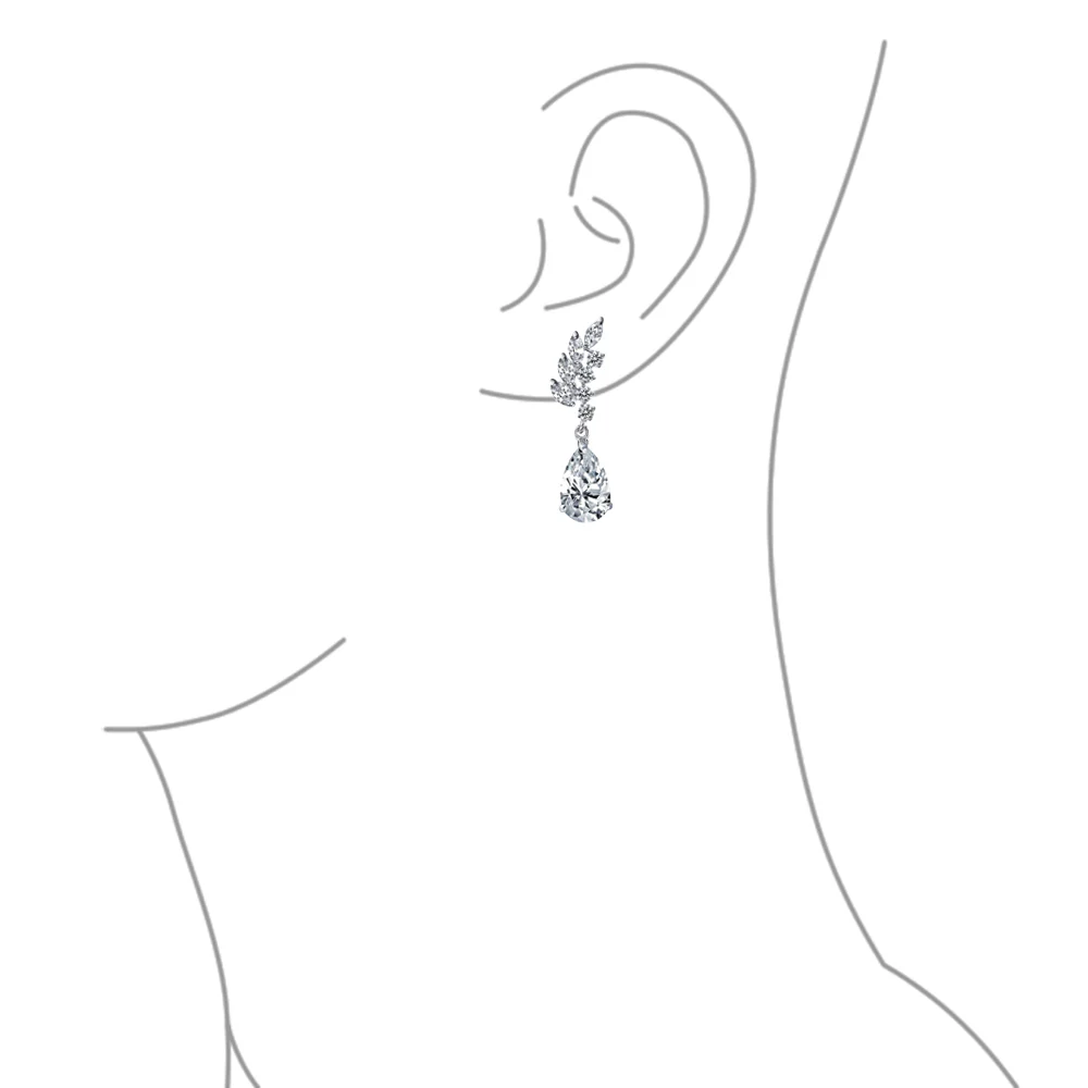 Cubic Zirconia Leaf Motif CZ Teardrop Dangle Chandelier Earrings Silver Plated - Image 4