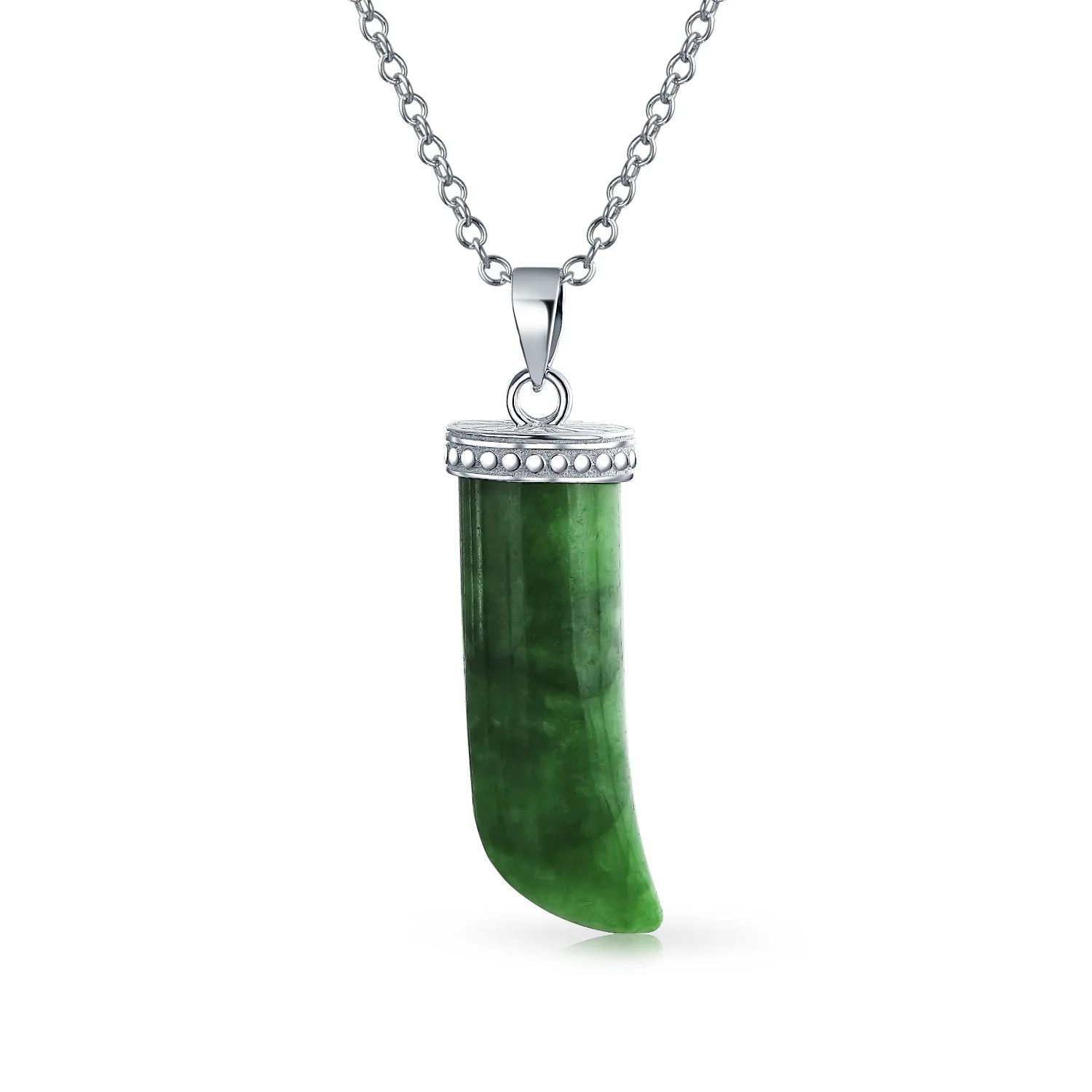 Green Jade Gemstone Horn Pendant Necklace Protection Amulet Tooth .925 Sterling Silver