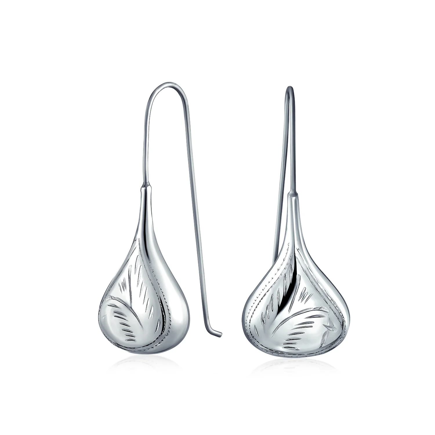 Etched Puffed Raindrop Teardrop Earrings Fishhook Sterling Silver 1.5 Inch