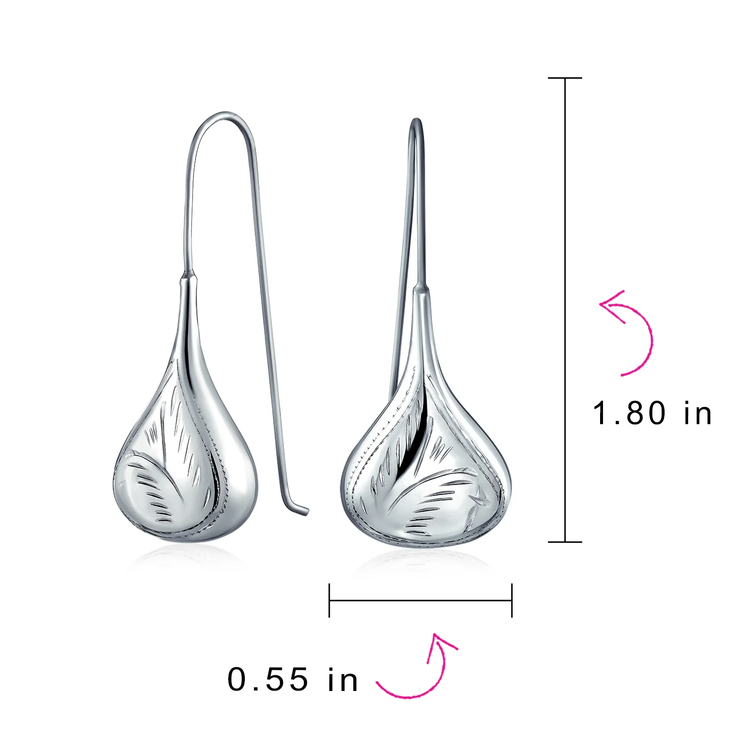 Etched Puffed Raindrop Teardrop Earrings Fishhook Sterling Silver 1.5 Inch - Image 10