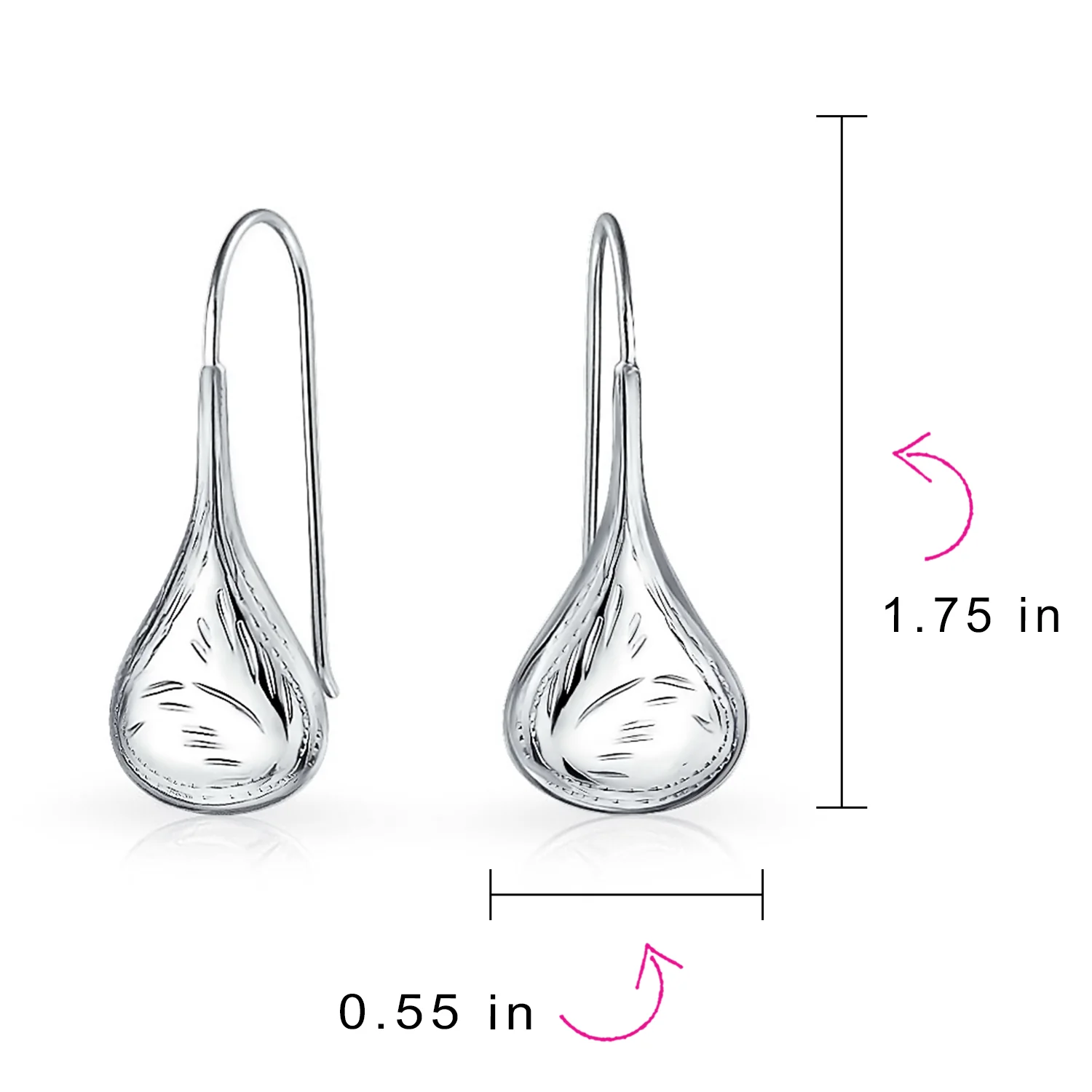 Etched Puffed Raindrop Teardrop Earrings Fishhook Sterling Silver 1.5 Inch - Image 11