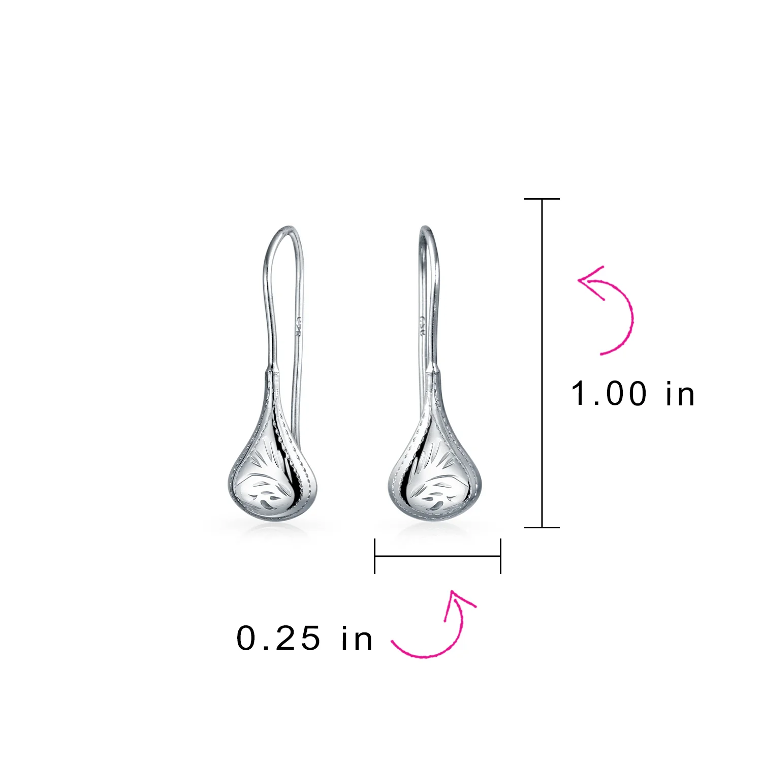 Etched Puffed Raindrop Teardrop Earrings Fishhook Sterling Silver 1.5 Inch - Image 12