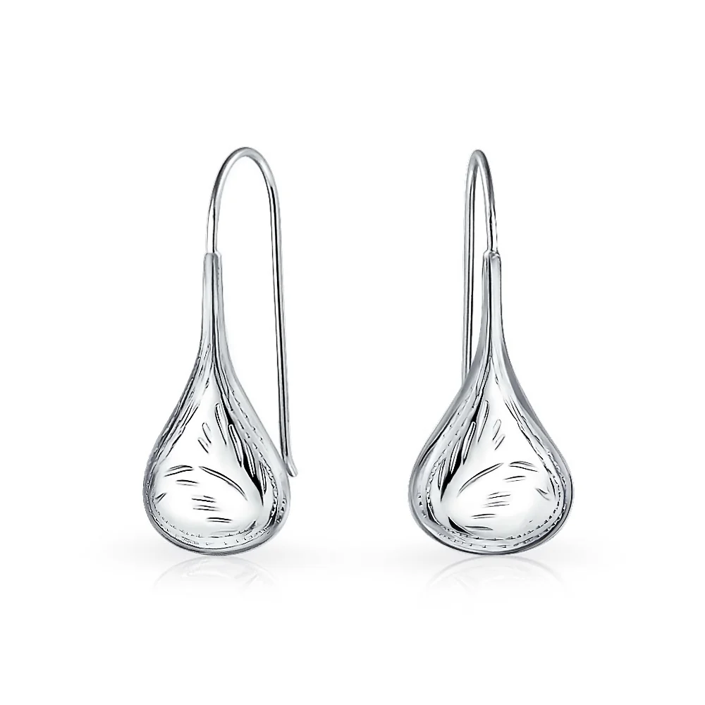 Etched Puffed Raindrop Teardrop Earrings Fishhook Sterling Silver 1.5 Inch - Image 2