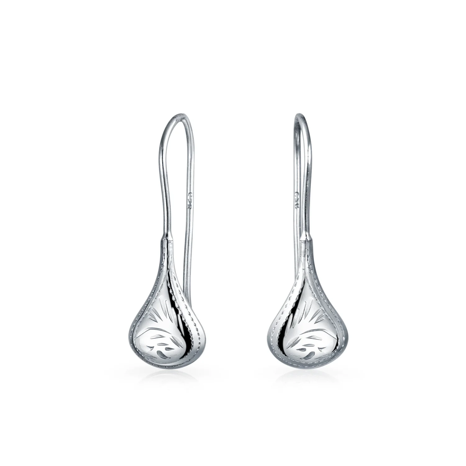 Etched Puffed Raindrop Teardrop Earrings Fishhook Sterling Silver 1.5 Inch - Image 3