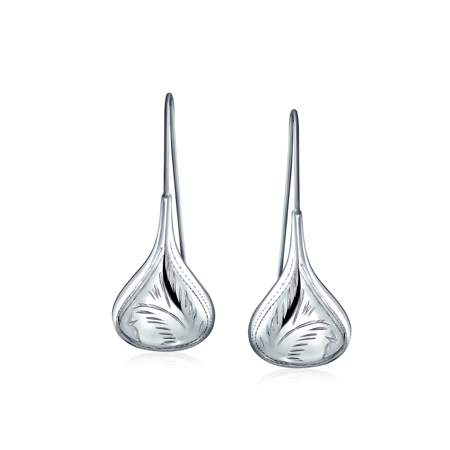 Etched Puffed Raindrop Teardrop Earrings Fishhook Sterling Silver 1.5 Inch - Image 4