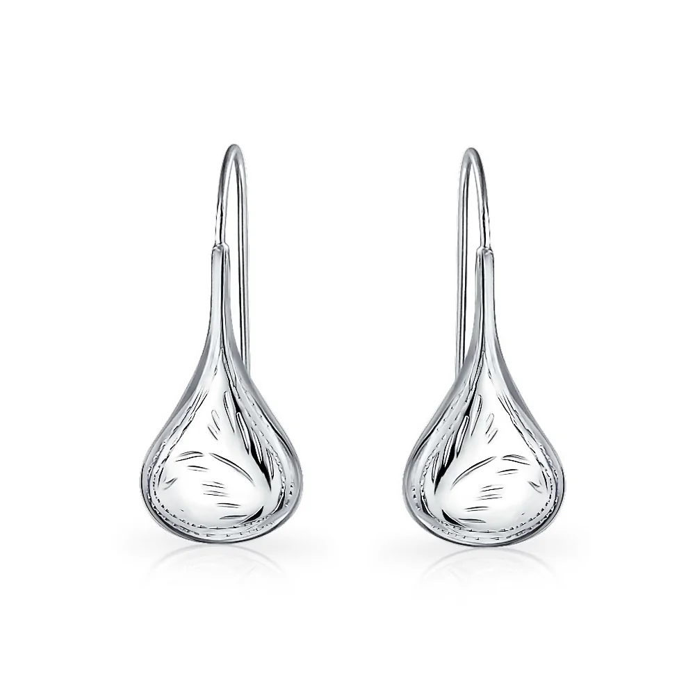 Etched Puffed Raindrop Teardrop Earrings Fishhook Sterling Silver 1.5 Inch - Image 5
