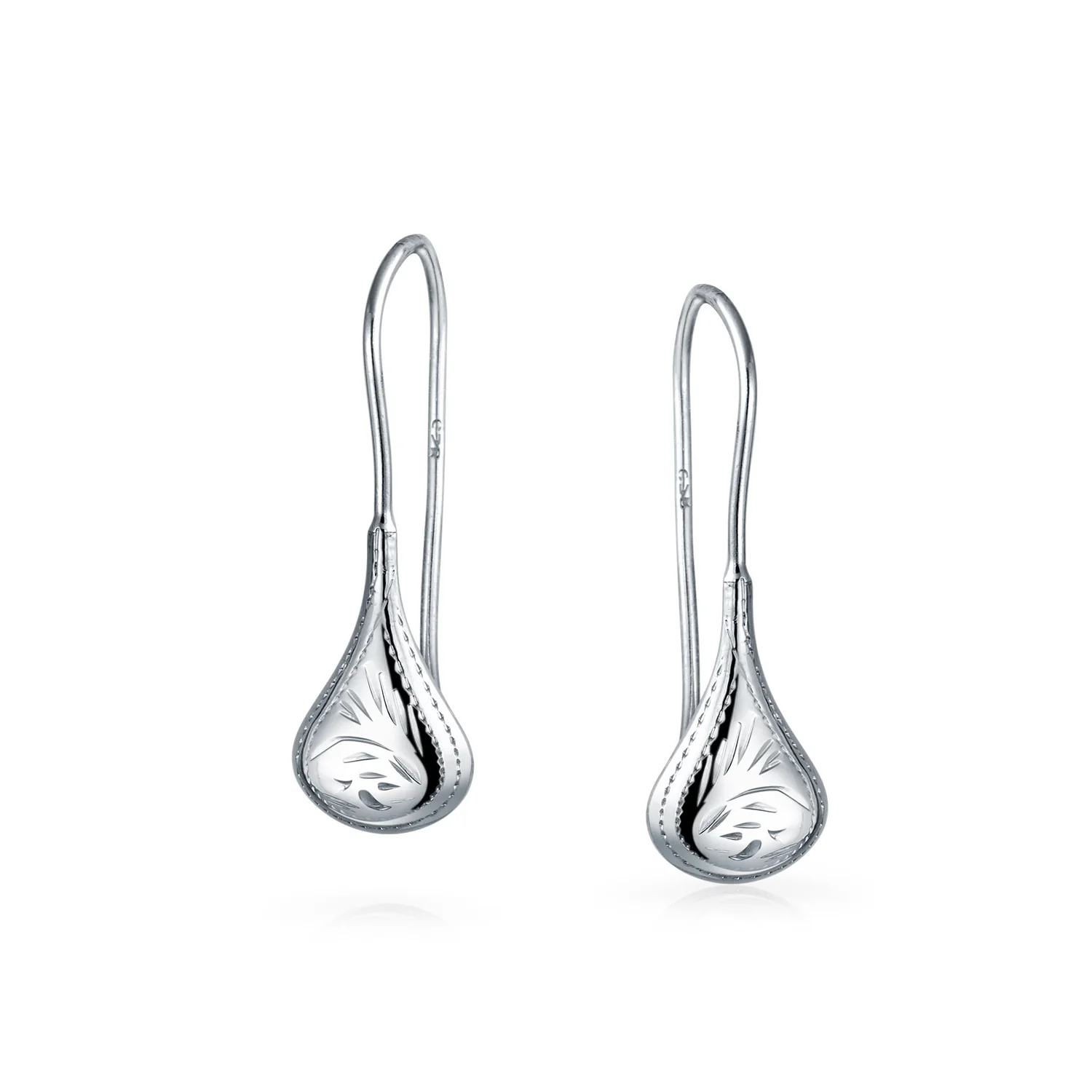 Etched Puffed Raindrop Teardrop Earrings Fishhook Sterling Silver 1.5 Inch - Image 6