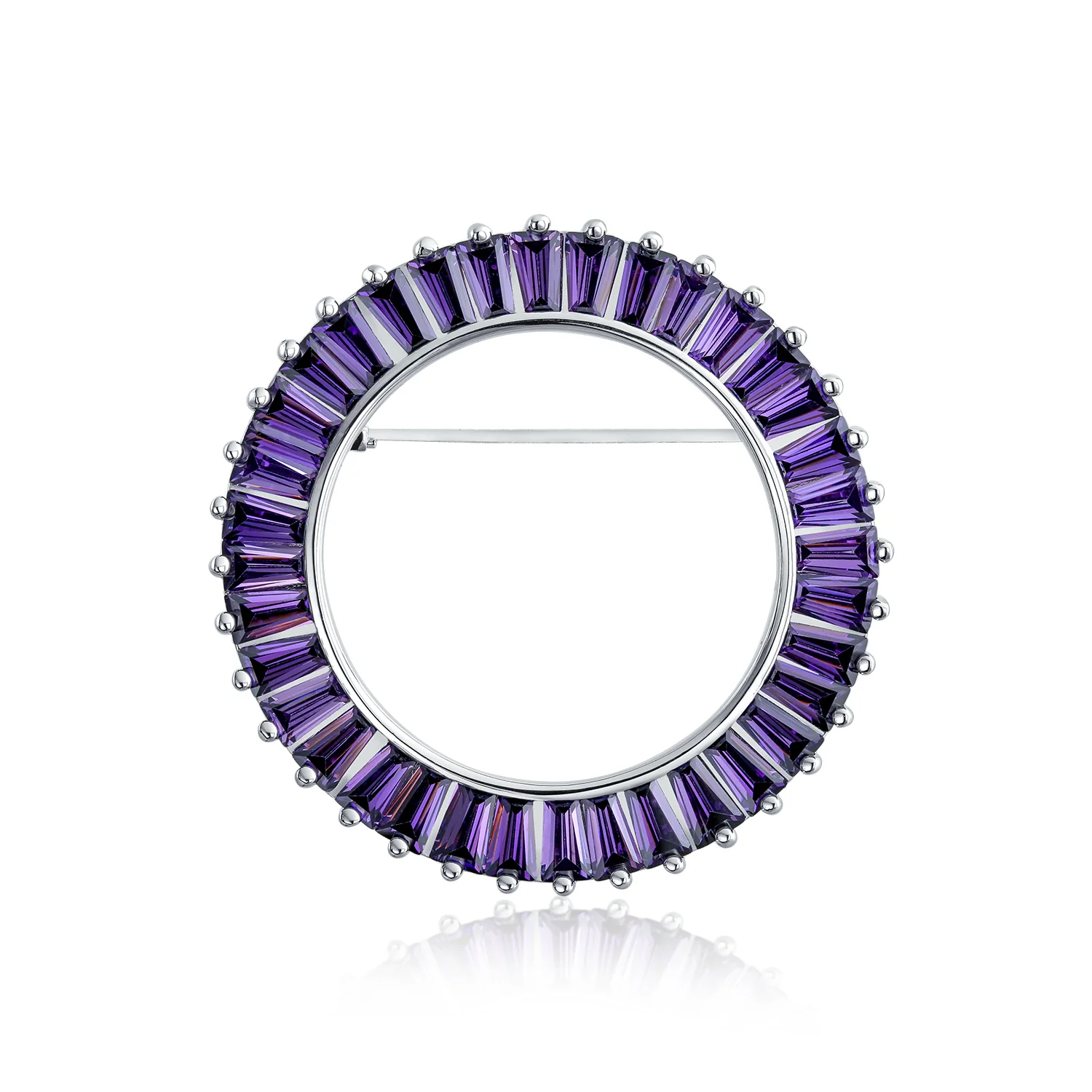Purple Amethyst CZ Baguette Cut Eternity Circle Scarf Brooch Pin Silver Plated