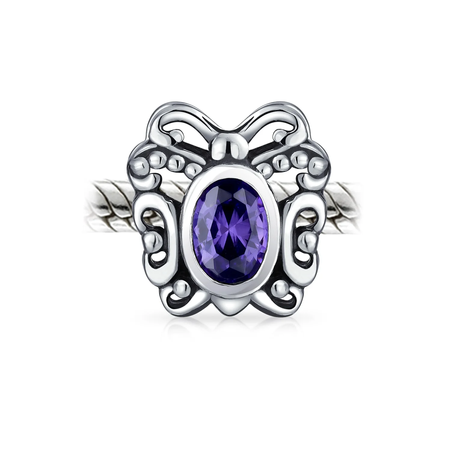 Purple Butterfly Charm Bead with Simulated Amethyst CZ for European Bracelet - Image 2