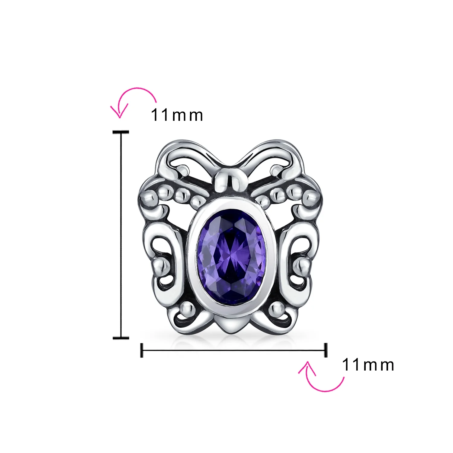 Purple Butterfly Charm Bead with Simulated Amethyst CZ for European Bracelet - Image 3