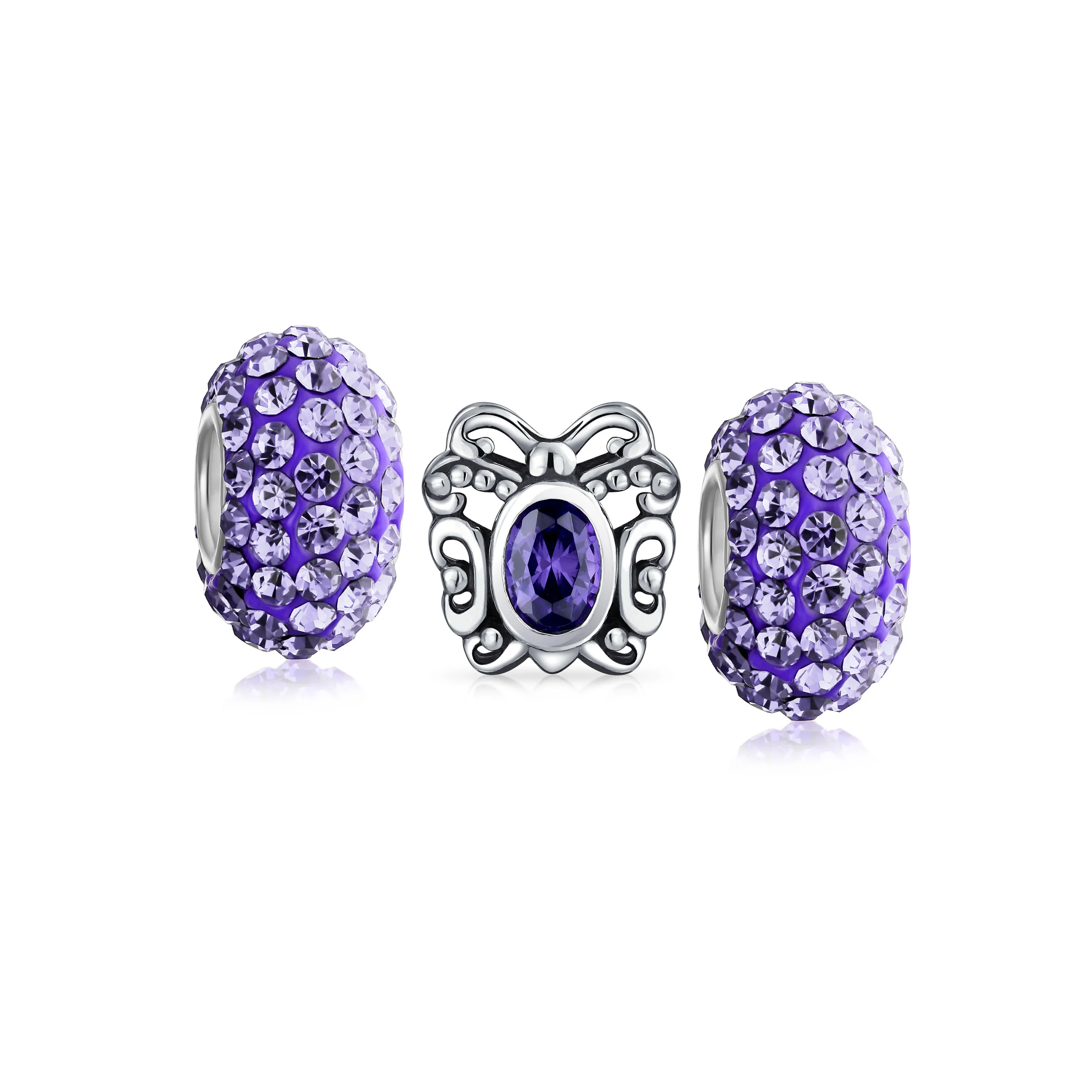 Set of 3 Purple CZ Butterfly Solid Lilac Purple Crystal Spacer Bead Charm Bead