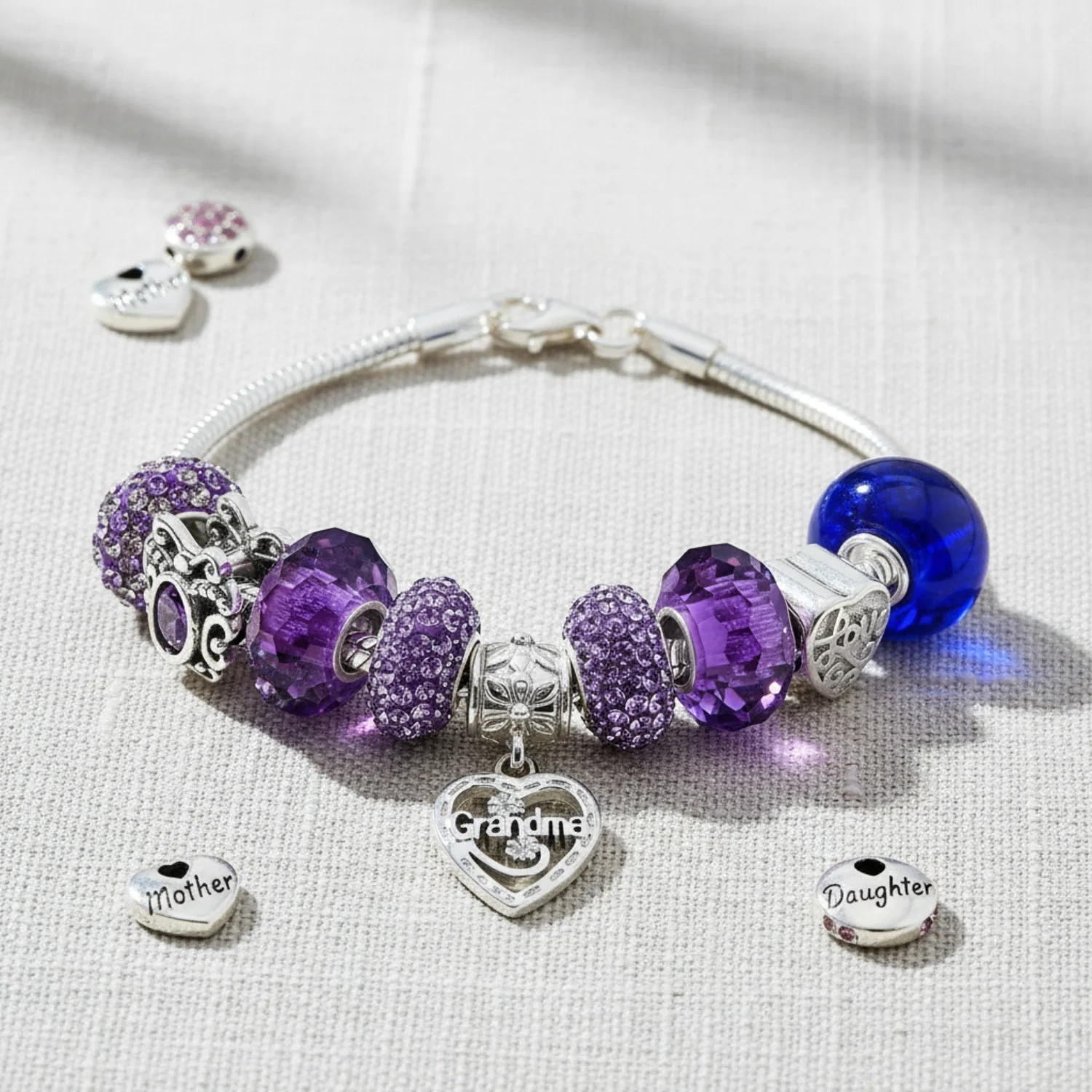 Purple Love Grandma Family Charm Bracelet Sterling Silver 6.5-8 Inch - Image 3